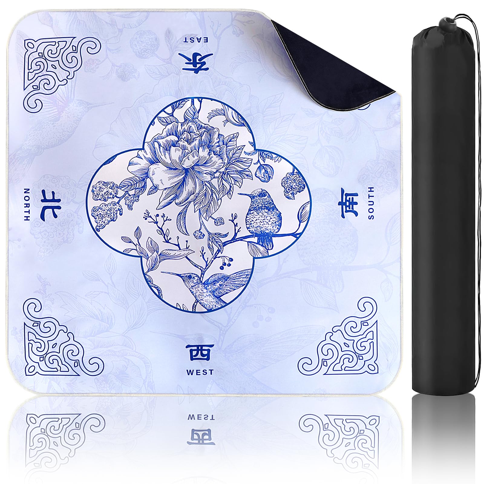 DRANSMIC Mahjong Mat with Carrying Bag 32”x 32”Blue White Table Mat Anti-Slip Noise Reducing Table Cover for Mahjong, Poke Games, Dominoes, Card,