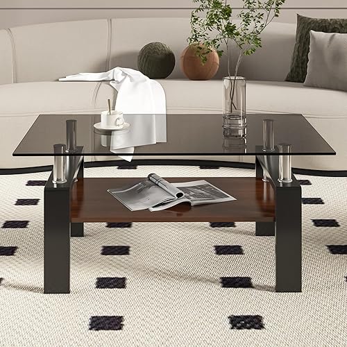 Miniatura 23 de Juego de 3 mesas auxiliares de cristal para sala de estar, mesa auxiliar de sofá con almacenamiento, patas de metal negro, mesa central rectangular