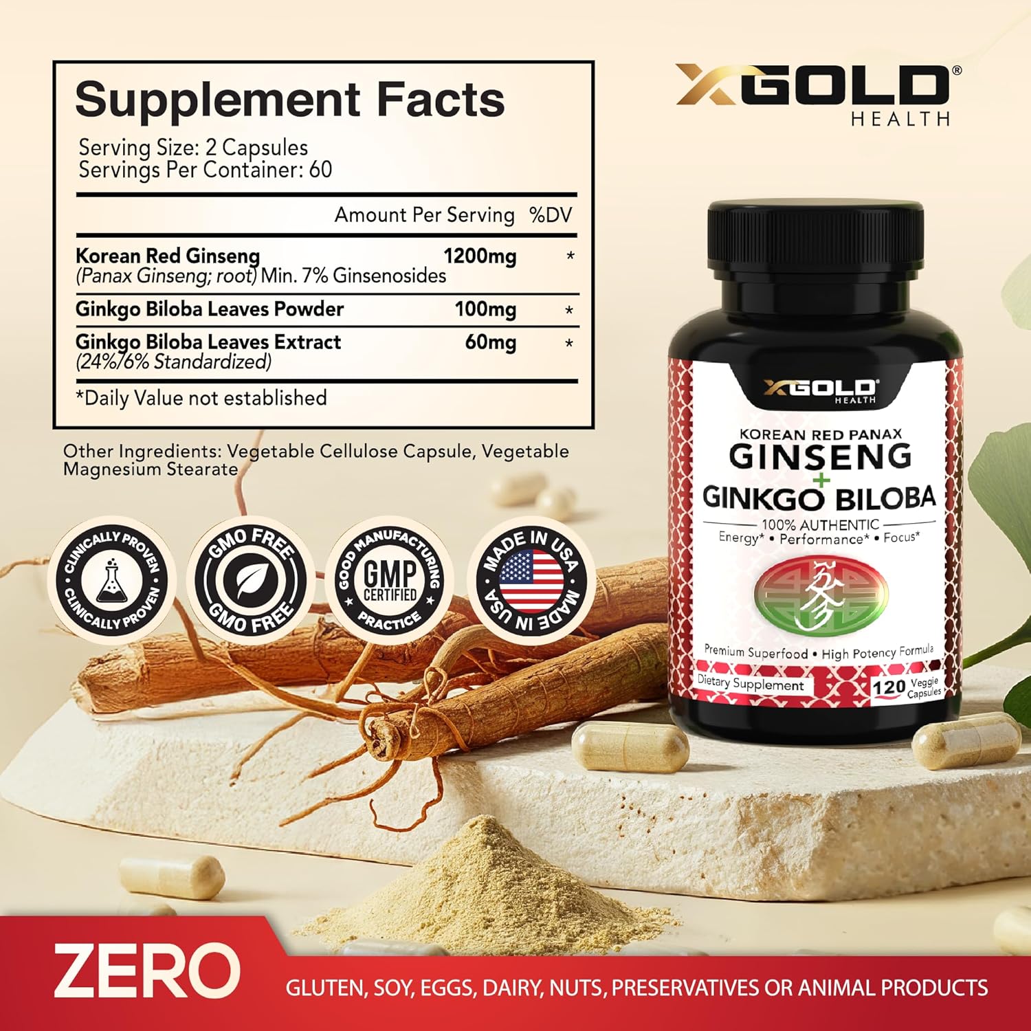 X Gold Health Extra Strength Korean Red Panax Ginseng (7% Ginsenosides) + Ginkgo Biloba – Energy, Focus & Vitality – Non-GMO 120 Capsules - Image 2