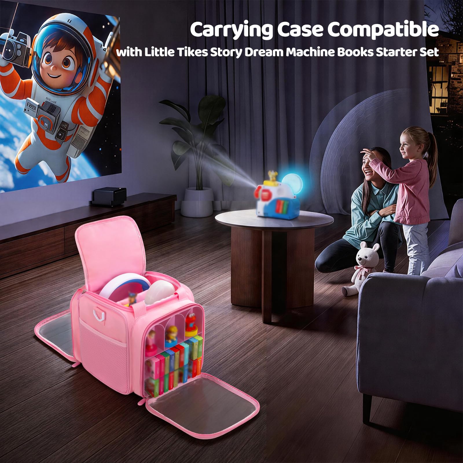 Custodia da trasporto per Little Tikes Story Dream Machine, grande capacità, adatta per proiettori, cuffie, personaggi di personaggi, piccoli libri dorati, con finestra trasparente e tracolla