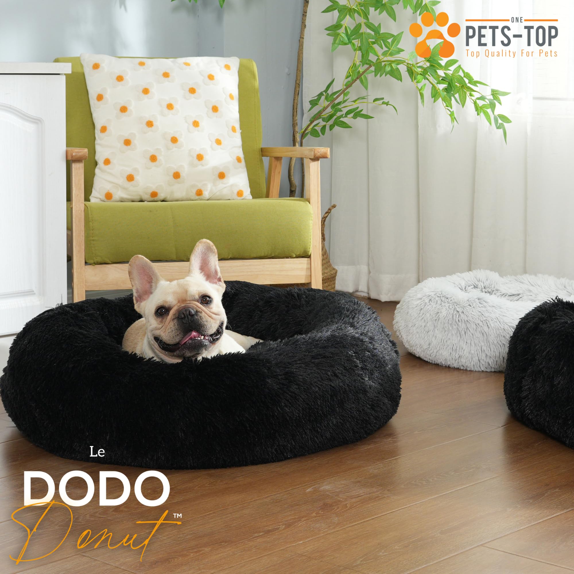 One PETS-TOP® Hundekörbchen Waschbar Fluffy – Donut Hundebett Flauschig mit Abnehmbarem Bezug – Hundebett Rund für Kleine & Große Hunde – Hundekissen Waschbar Anti-Stress – 115cm Durchmesser Perlgrau