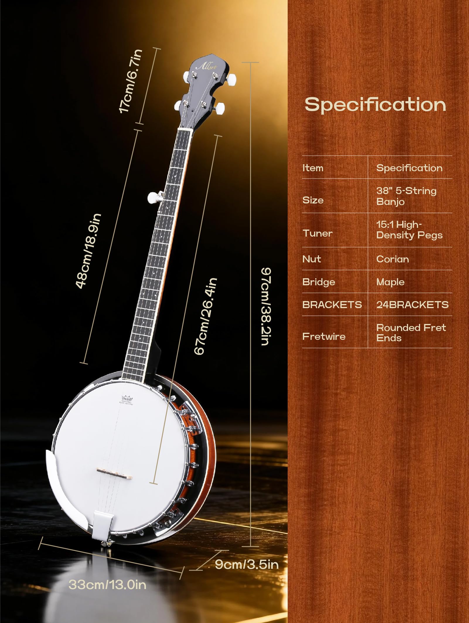 ALLSET Elektrisches Banjo mit 5 Saiten, volle Größe, 96,5 cm, 5. Stimmgerät, Remo-Kopf und Mahagoni-Körper, komplettes Starter-Set + Gigbag/Stimmgerät, bestes Geschenk für Erwachsene und
