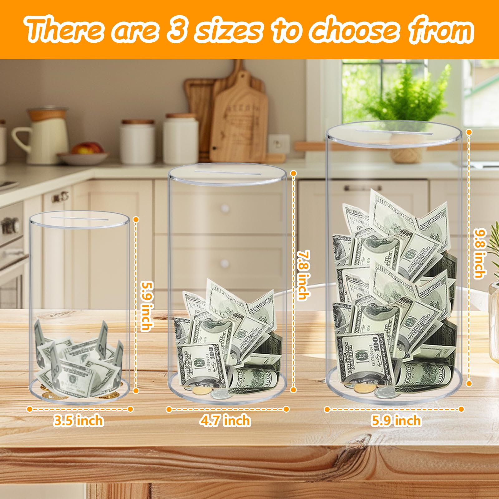 Samate Clear Acrylic Piggy Bank –Must Break to Open Money Saving Box for Adults & Kids, Unopenable Cash Jar for Financial Goals, Large/Medium/Small Sizes, Birthday Gift & Home Decor (Small)