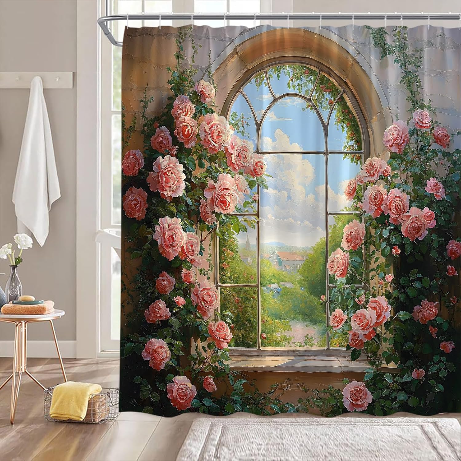 Nature Garden Shower Curtain Pink Rustic Flower Watercolor Floral Brick Wall Green Leaf Vintage Arch Window 70" Wx96 H Bathroom Decor Curtain with Hooks