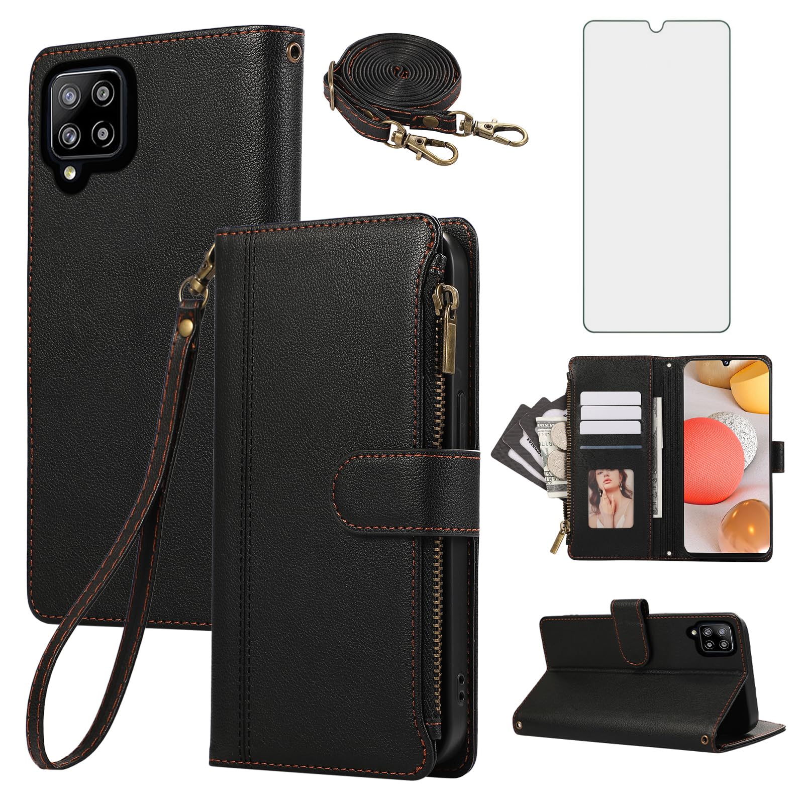 Asuwish Phone Case for Samsung Galaxy A42 5G Zipper Wallet Cell Cover with Tempered Glass Screen Protector Crossbody Strap Lanyard Card Holder Leather