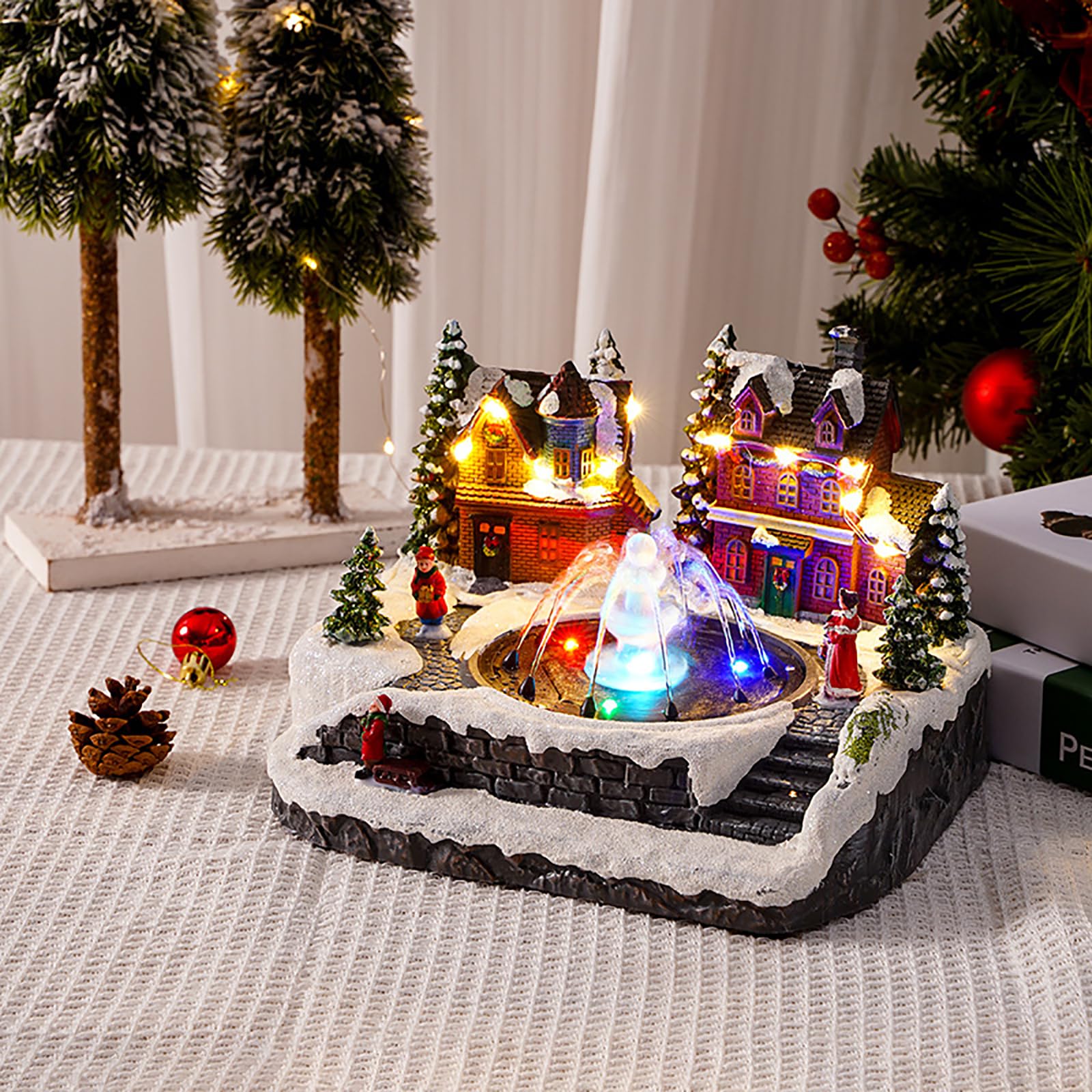 Casa De Nieve Brillante Navideña, Decoración Luminosa De Casa Pequeña con Fuente Y Música, Funciona con Batería/Cable USB, Material De Resina Duradero, para Decoración De Mesa, Regalos