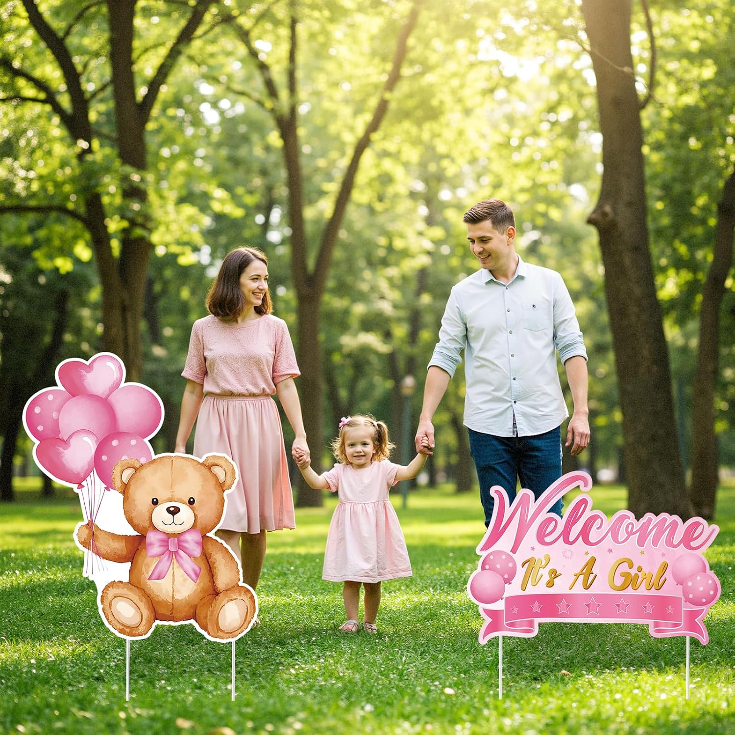 2Pcs Baby Shower Yard Sign with Stake Gender Reveal Yard Sign Pink Bear Lawn Decoration Welcome It's A Girl Lawn Decor Welcome Baby Girl Announcement Decor for Outdoor Gender Reveal Party