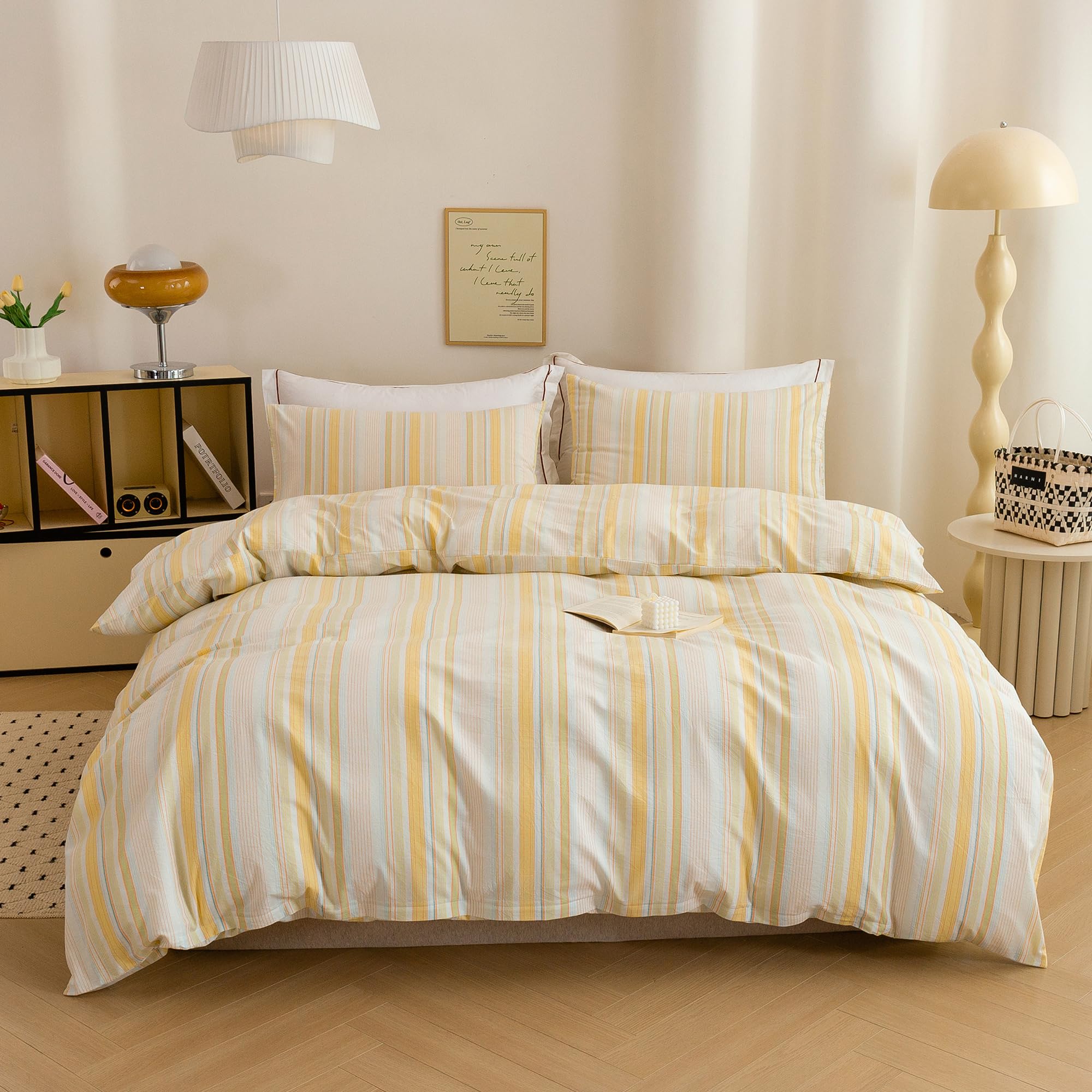 ECOCOTT Cotton 3 Pcs Duvet Cover Set Linen Feel Yellow Striped King Size