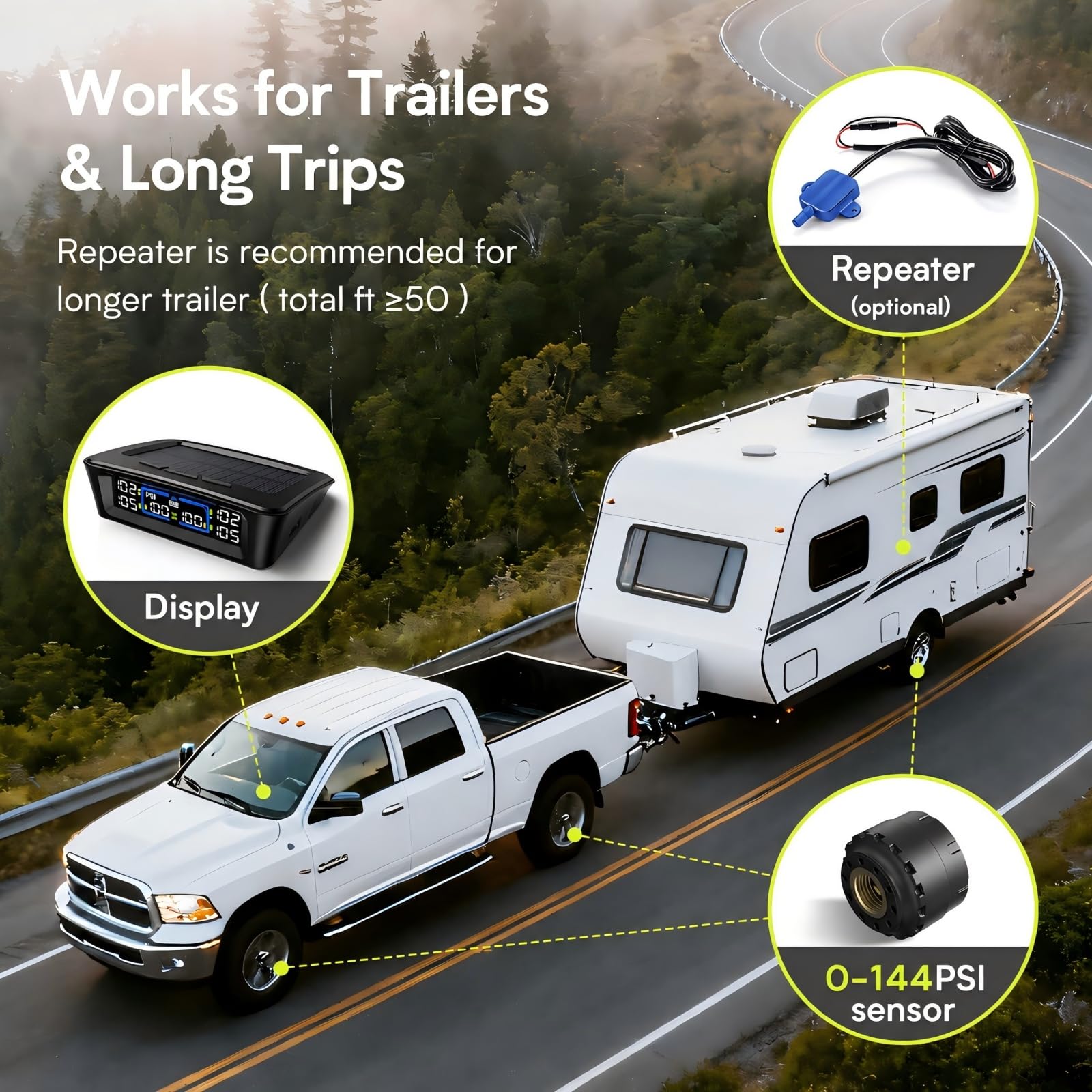 Tymate TM12 RV-Reifendruckkontrollsystem, TPMS mit USB/Solarladung, 2026 neueste Version, Set mit 6 Sensoren (max. 12), 6 Alarmmodi, 15,2 m Reichweite, 0-116 PSI für Wohnmobil/LKW/SUV