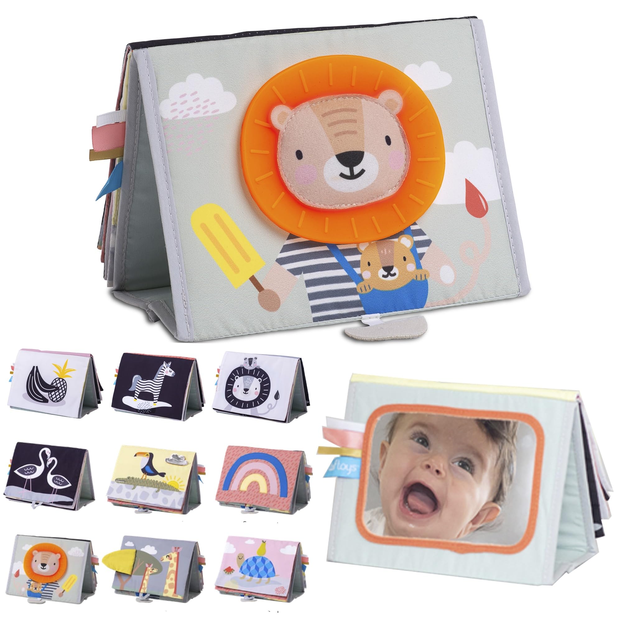 Taf Toys Savannah Infant Tummy-time Soft Crinkle Activity Book with Huge Baby Safe Mirror, 3D Activities, Textures and a Soft Baby Teether