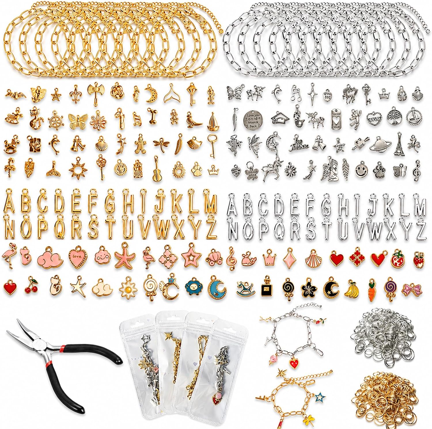 XZNBIAYA 800PCS Gold Charm Bracelet Making Kit, DIY Jewelry Bracelet Kit, Including 30 Paperclip Chain Bracelets, 208 Letters, 150 Charms, and 400 Jump Rings for DIY Bracelet Gift for Women