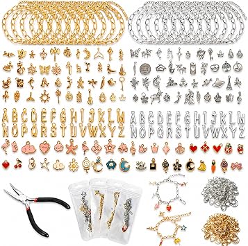 XZNBIAYA 800PCS Gold Charm Bracelet Making Kit with Gift Bgas, DIY Bracelt Making Kit Including 30 Paperclip Chains, 208 Letters, 150 Charms,400 Jump Rings for Bracelet Crafting