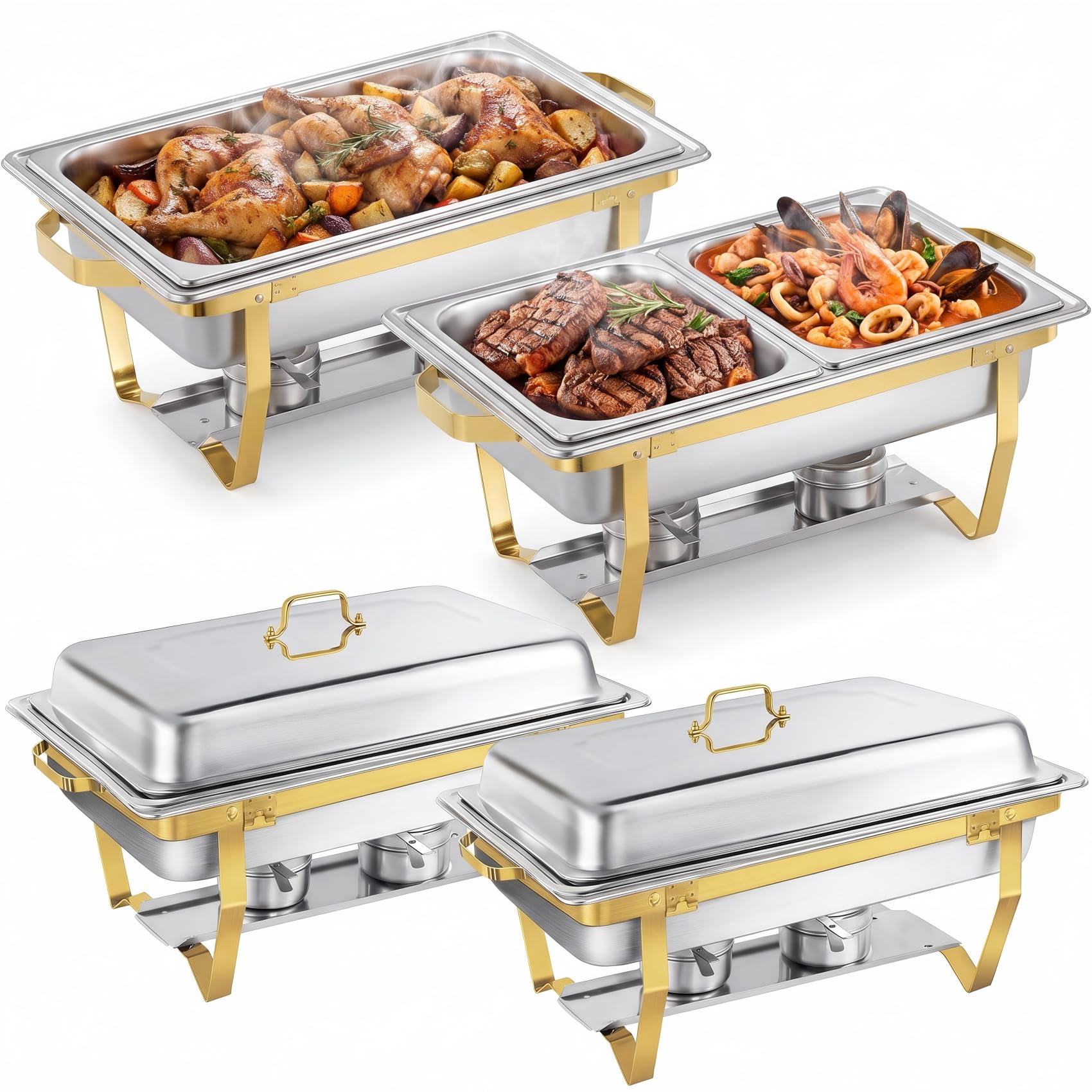 9L Elegant Chafing Dish Buffet Set, 4 Pack - Gold & Silver Stainless Steel Food Warmers with Rolled Edges & Foldable Frame for Catering, Weddings, Buffets