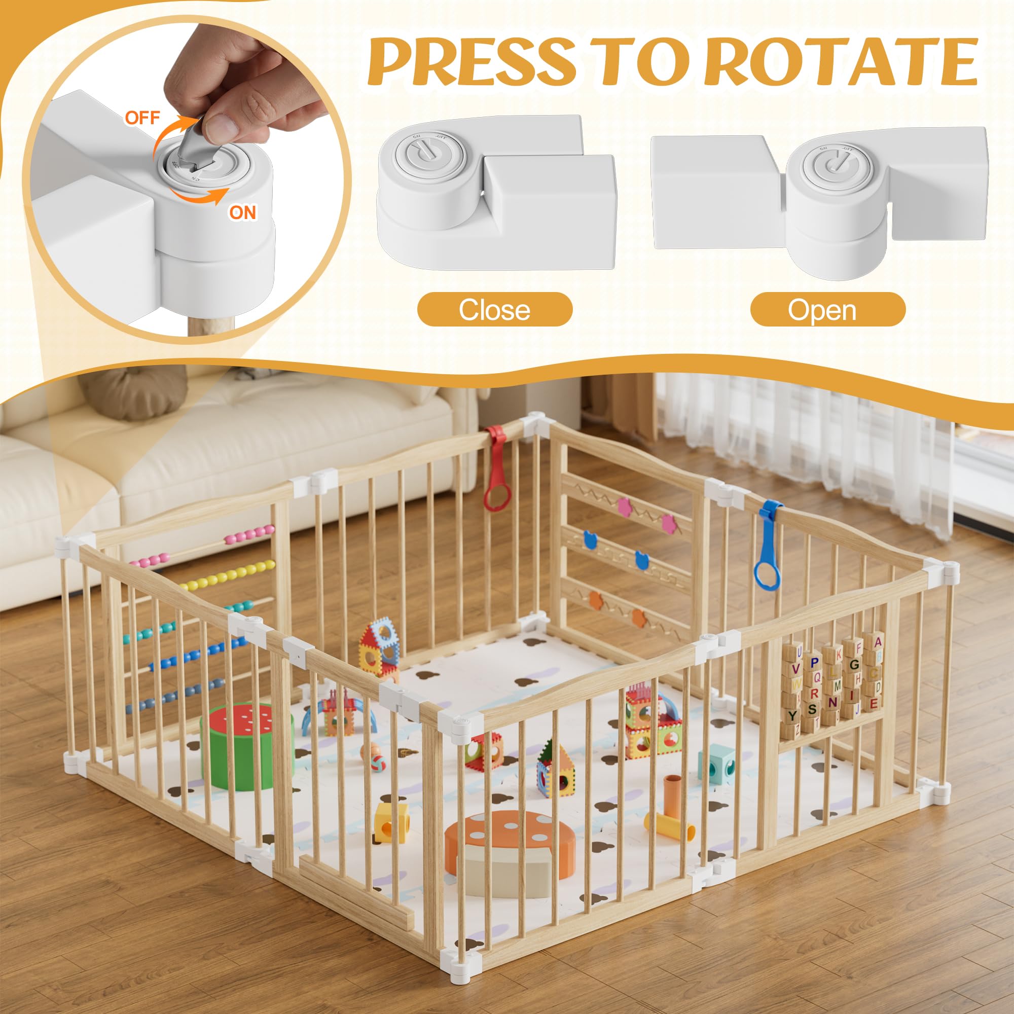 MSFE Parc Bebe Pliable Bois,8 éléments Playpen Baby avec Porte,Verrou de Sécurité et Jouets D'activités Montessori,Taille et Forme Réglables,Espace d'éveil Joyeux pour Bébés et Tout-petits