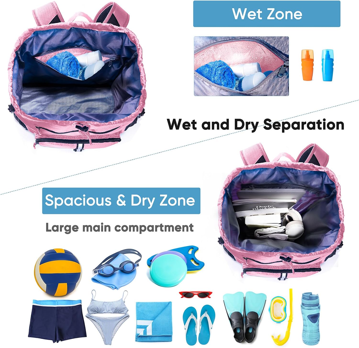 Large Beach Backpack w/Shoe Compartment &Detachable Ball Mesh Bag image 2