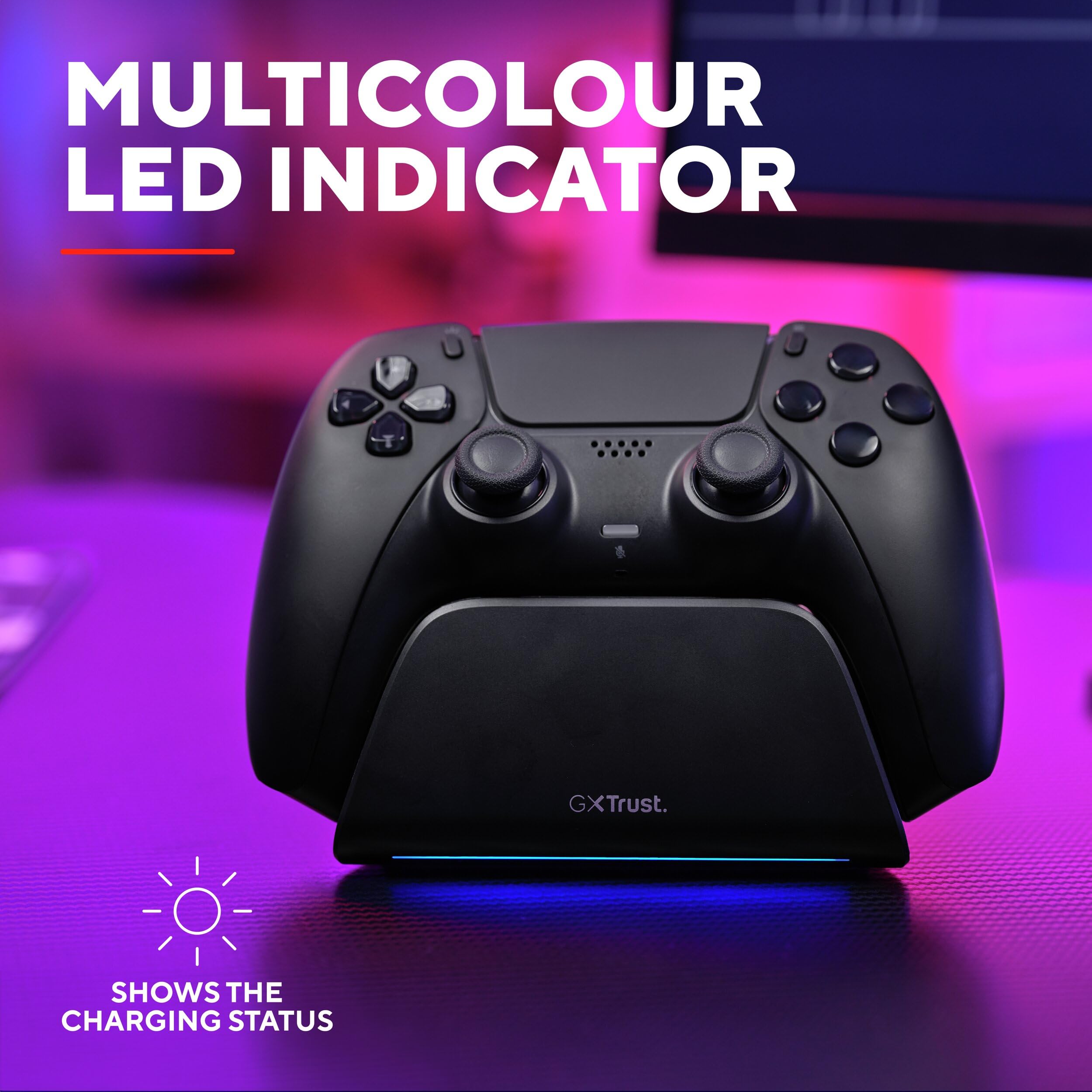 Trust GXT 255 Caricatore Joystick PS5, Base Ricarica DualSense PS5 con Design Place-on, Ricarica Veloce, Illuminazione LED, Cuscinetti Antiscivolo, Cavo USB-C-C Incluso, Accessori PlayStation 5, Nero