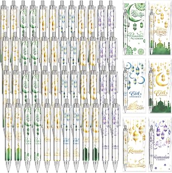 120 Pcs Ramadan Gifts Eid Mubarak Pens Bulk Include Retractable Ballpoint Pens Cards Greeting Gift Bags for Eid Party Favors Muslim Gifts Bulk Islamic Goody Bag Stuffers