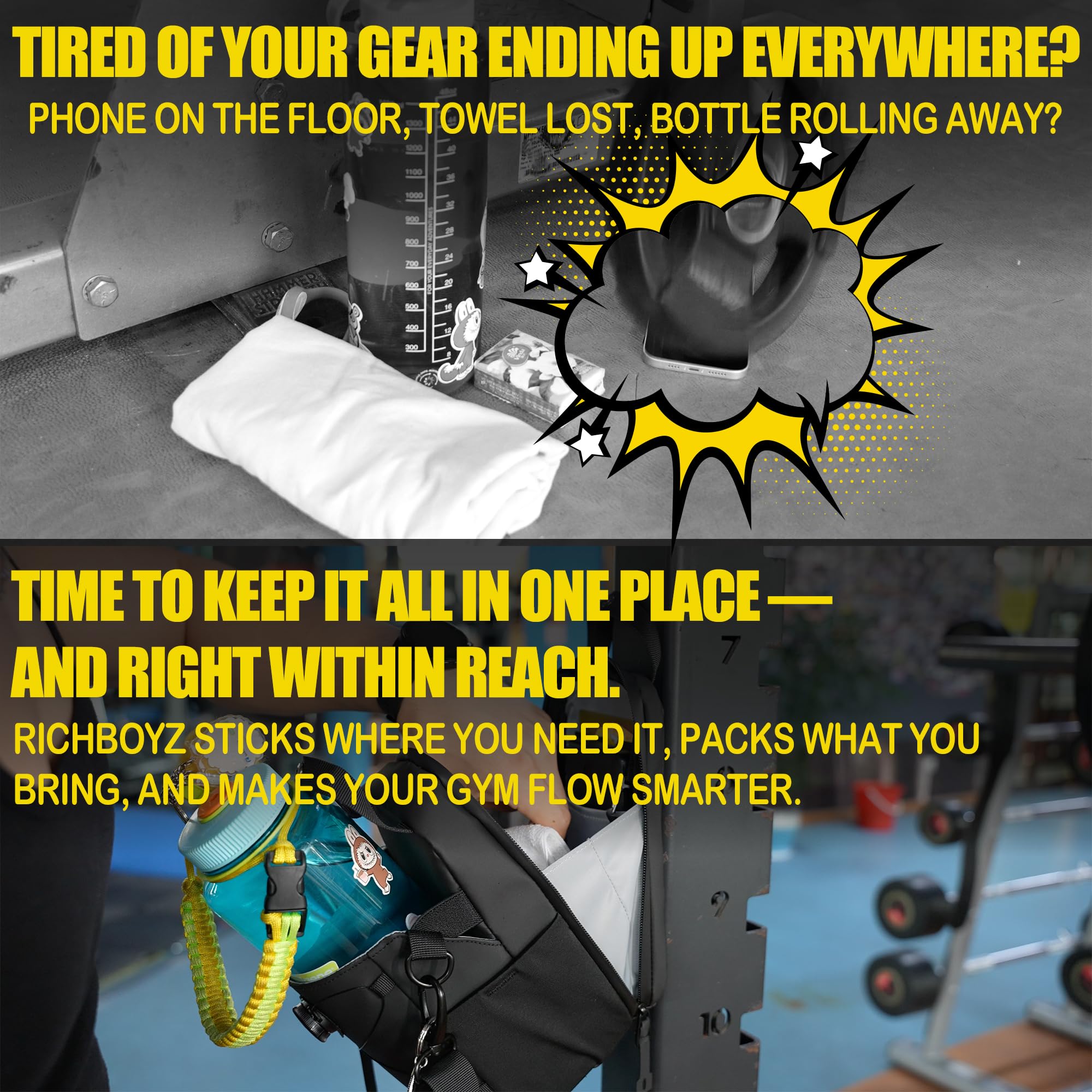 Richboyz Magnetische Flaschen-Schlingentasche: 10 kg Magnet – Wasserabweisender Gym Flaschenhalter Tasche mit Organizer – Freisprech-Sportzubehör für Männer und Frauen