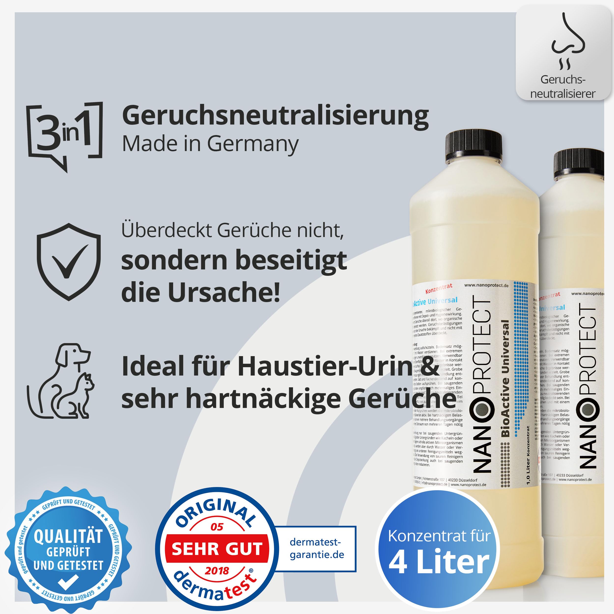 Nanoprotect BioActive Universal Geruchsneutralisierer | Biologischer Geruchsentferner und Textilerfrischer mit Wirkbeschleuniger | 2x1 Liter Konzentrat Refill Set
