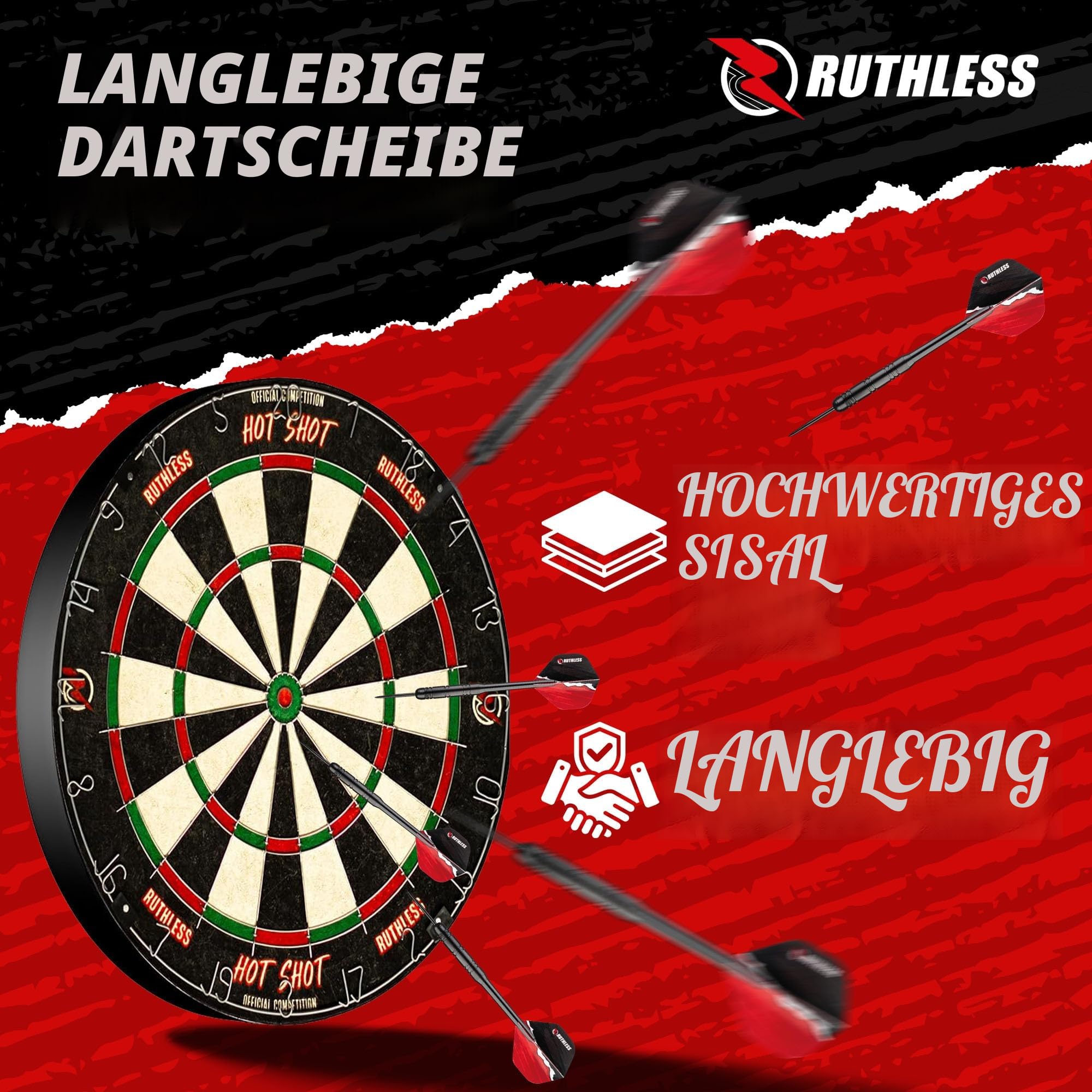 Ruthless Home Darts Center | LED-Lichtoptionen | Home Dart Board Center inkl. Schrank, Dartscheibe und 2 Sets Dartpfeile (USB)