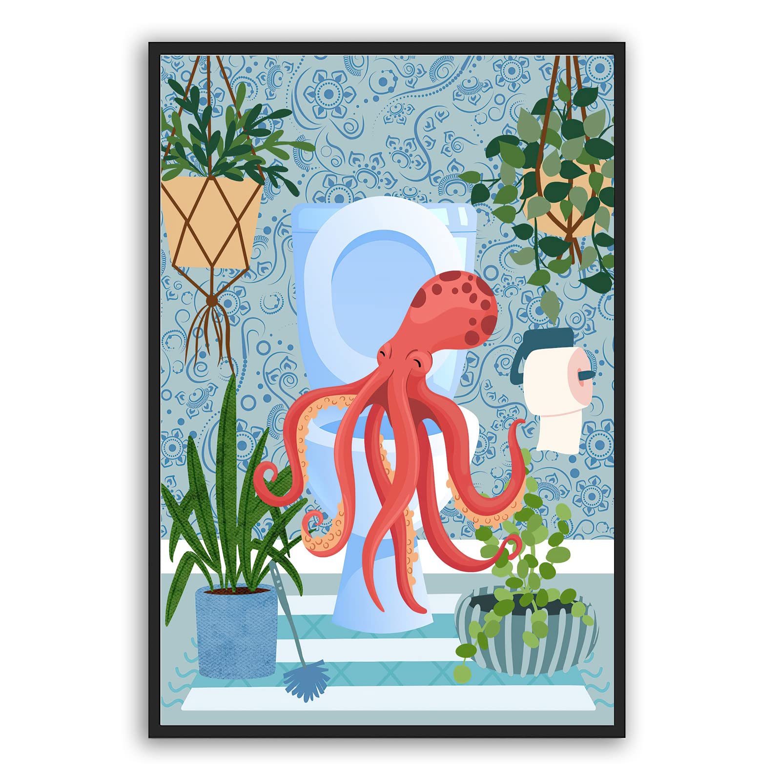 BOUHES Funny Bathroom Wall Art Octopus Bathroom Wall Decor Octopus on the Toilet Poster Blue Bathroom Prints Animal on the Loo Canvas Prints Modern Bathroom Artwork Wall Decor 16x24 Inch UNFRAMED