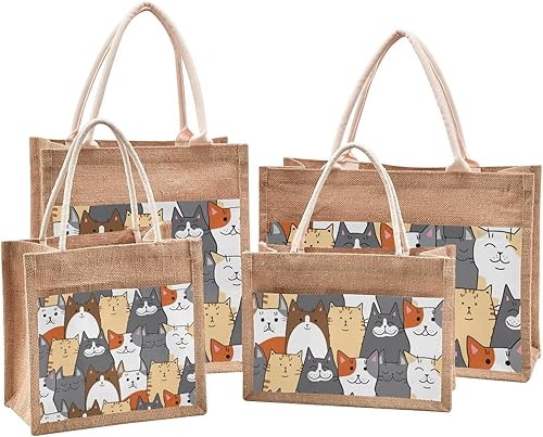 Miniatura 6 de CaTaKu Divertidas bolsas de yute con asas y cremallera para gatos, bolsas de arpillera reutilizables con bolsillo frontal de lona, bolsas de regalo