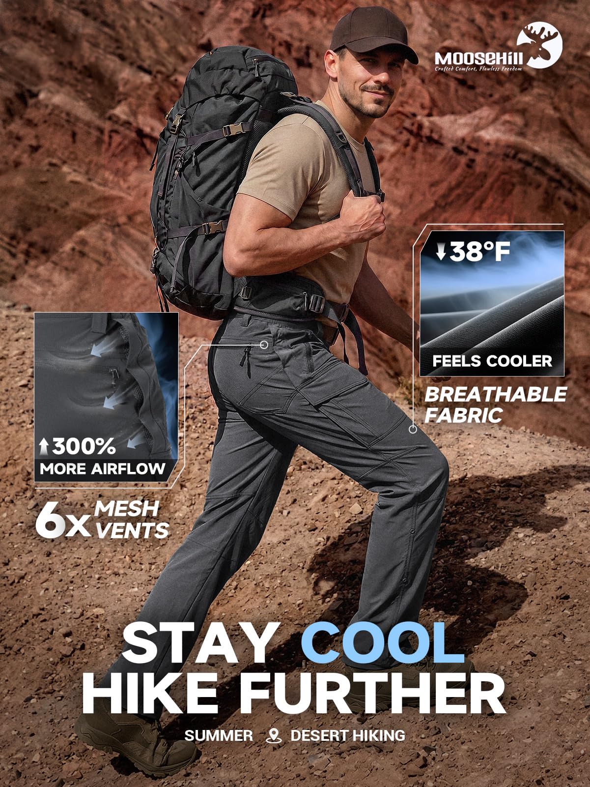 Moosehill Hiking Pants Men Breathable: Mesh Vents Lightweight Quick Dry Water Resistant Stretch 6 Pockets for Outdoor Hikers — view 4