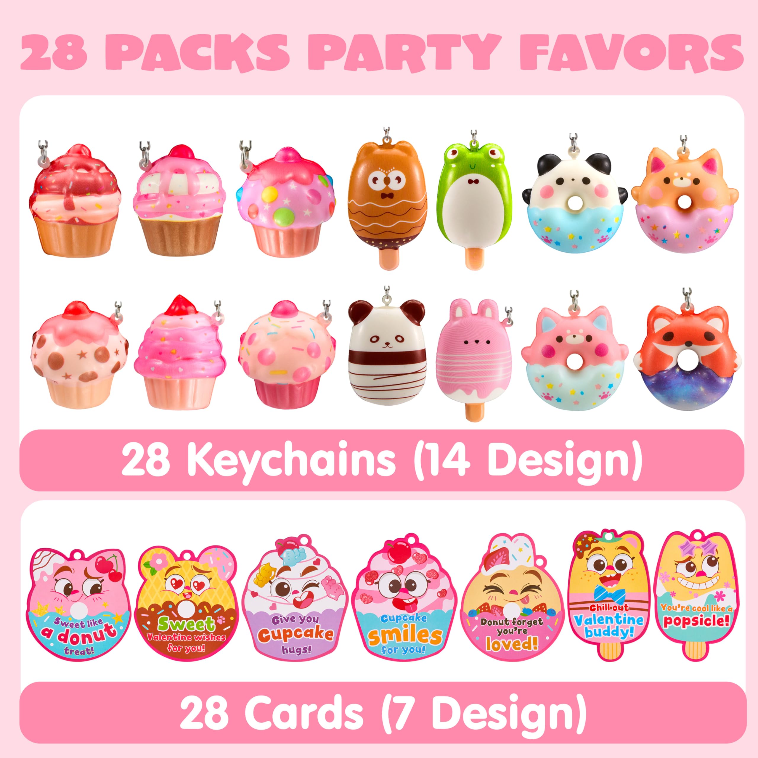 JOYIN 28 Packs Valentine Dessert squishy toys Stress Relief Keychains with Cards for Classroom Exchange Prizes, Fidget Toy Valentine’s Greeting Cards, Valentine Party Favors, Exchange Gifts: Cute