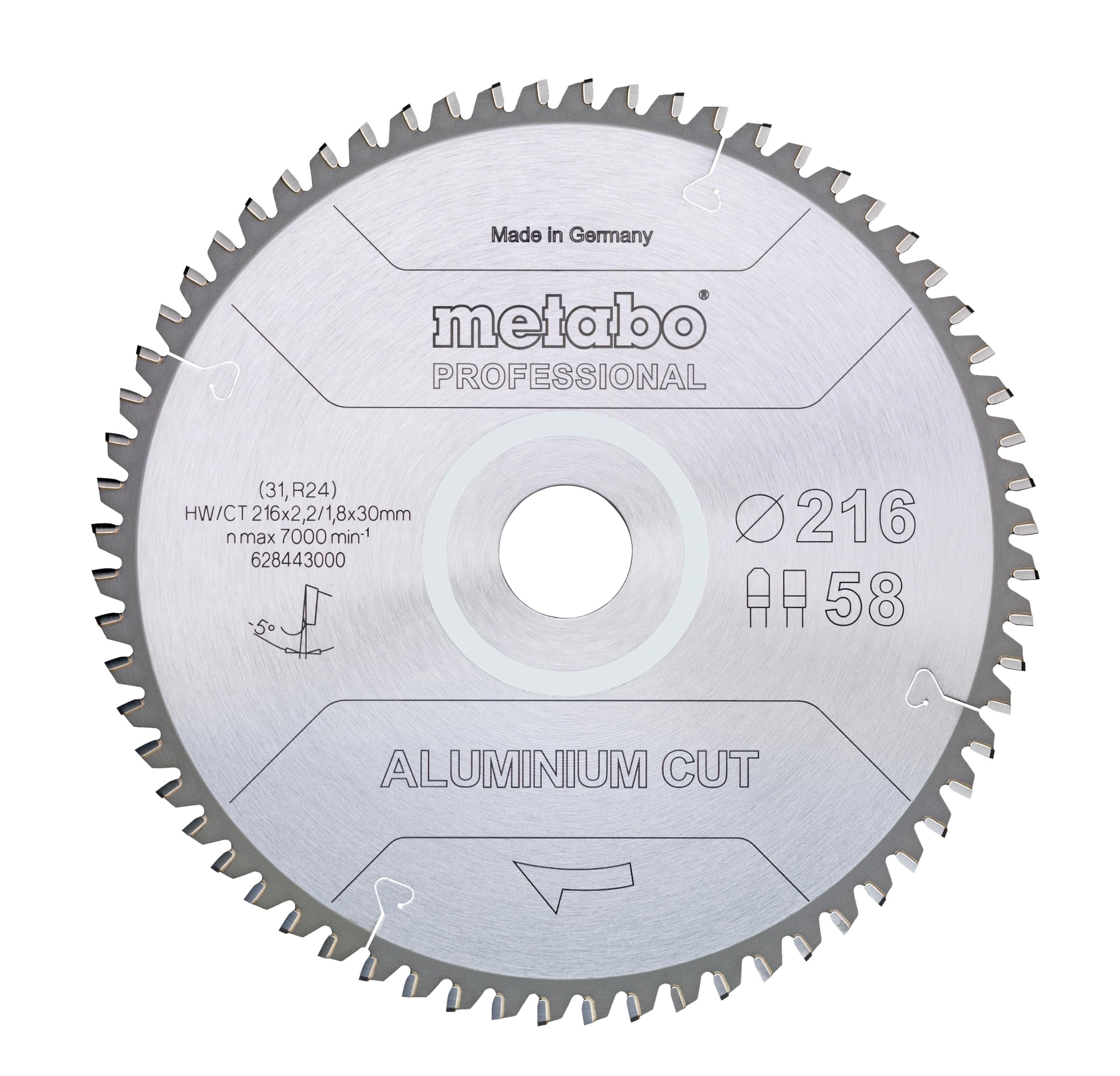metabo Kreissägeblatt 216 x 30mm Z58 - Aluminium‑Sägeblatt für präzise Schnitte, spezielle Zahngeometrie, vibrationsarm, lange Standzeit, feingeschliffene Hartmetallzähne für saubere Metallbearbeitung