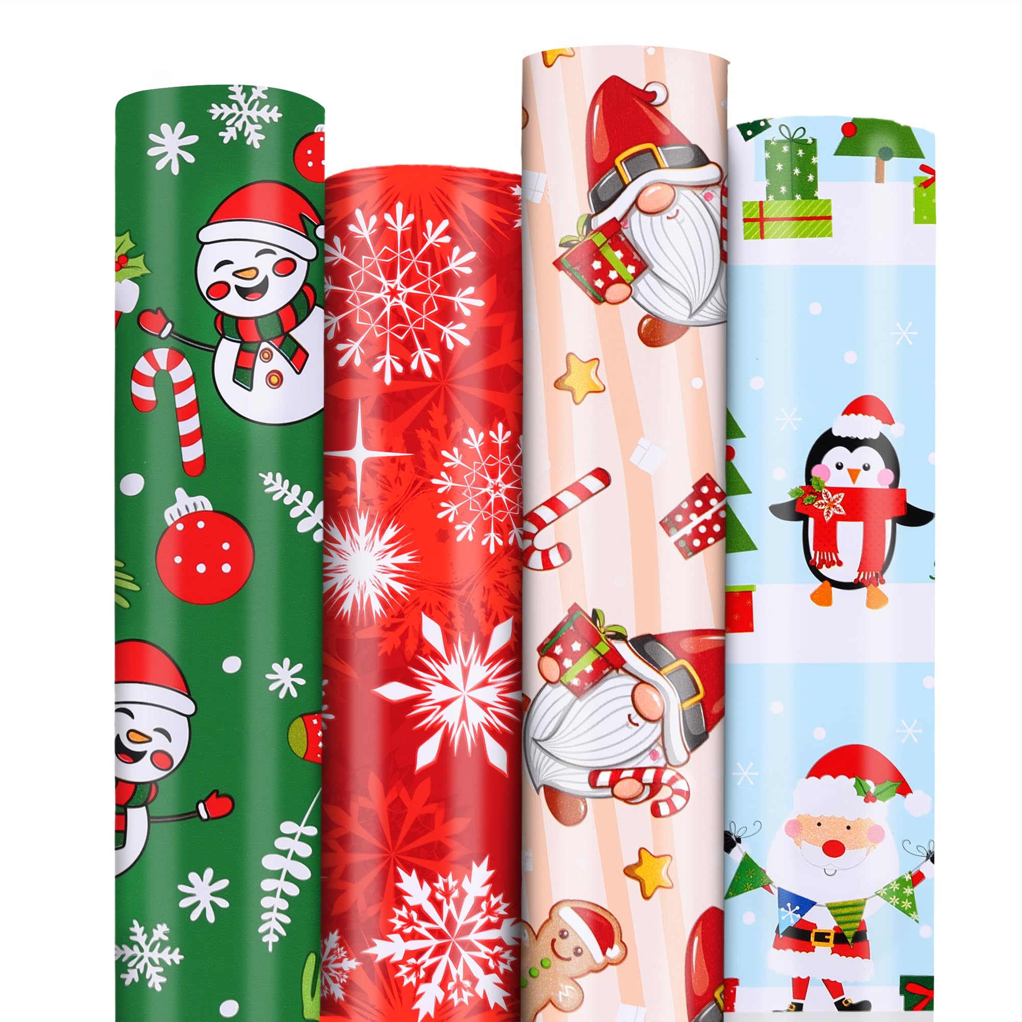 4 x 5M Christmas Wrapping Paper Roll - Mini Roll Printed with Santa Claus, Snowflakes, Snowman - Kids Christmas Wrapping Paper for Gift Boxes - 44CM width Per Roll