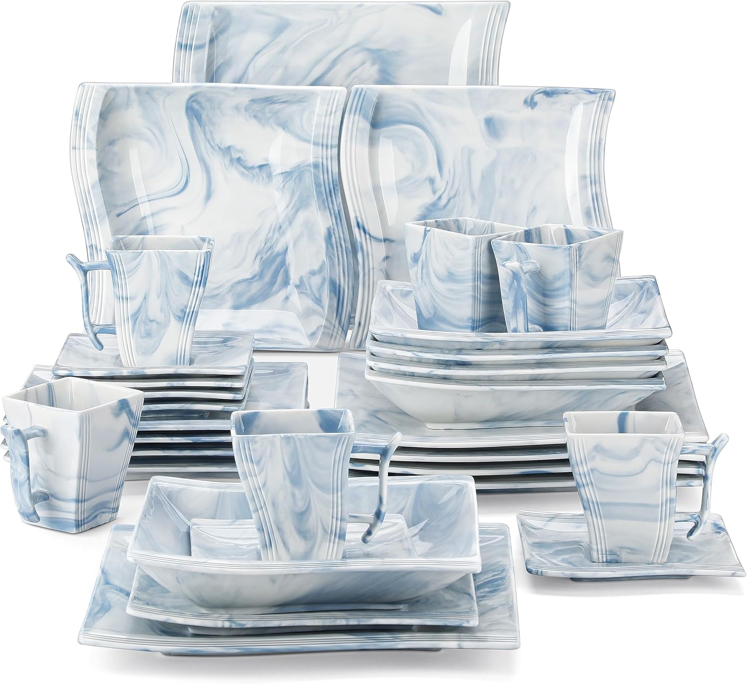 MALACASA Dinnerware Sets for 6, 30 Piece Blue Square