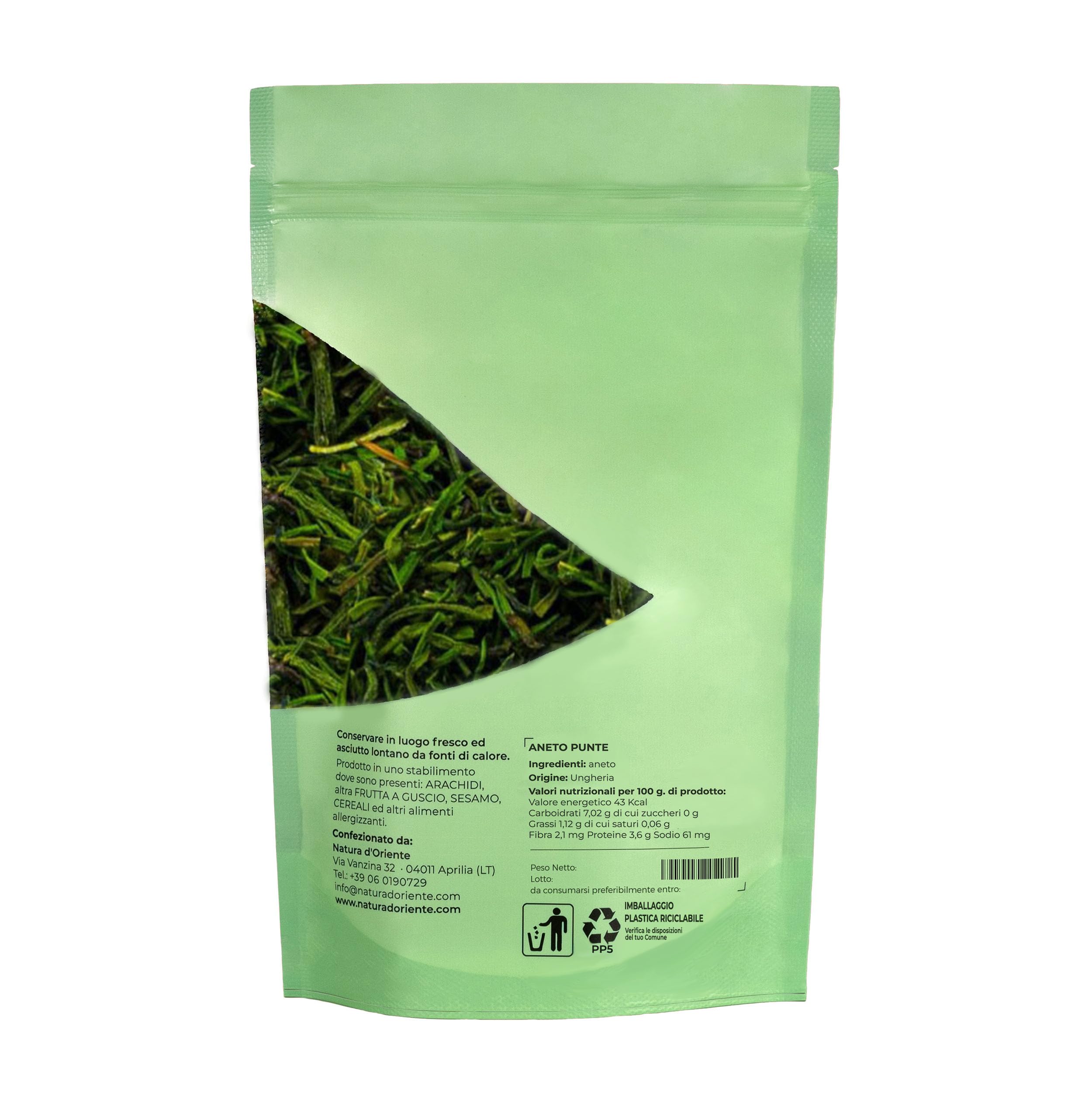 NATURA D'ORIENTE - Aneto Punte Essiccato 500g - Foglie di Aneto Naturali, Aromatiche e Profumate – Ideali per Pesce, Salse, Insalate e Cucina Nordica.