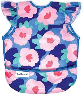 Tiny Twinkle Mess-Proof Waterproof Baby Bib for Girls - PFAS-Free Toddler Apron, Machine Washable Crumb Catcher (Floral Blue, 6-24M)