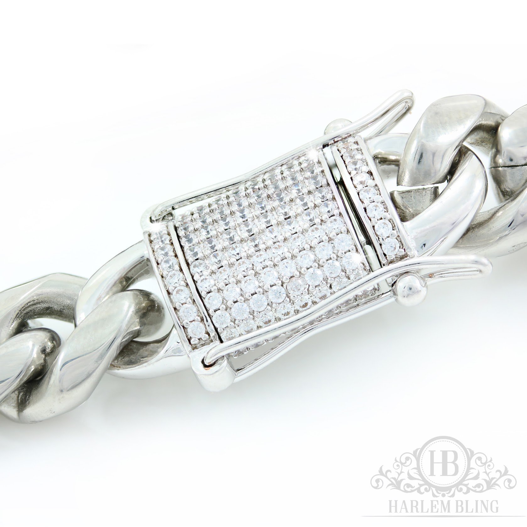 Pulsera de eslabones cubanos de 8 mm de 8,5 pulgadas de acero inoxidable chapado en oro blanco de 14 quilates, plata 925 con cierre de diamante de laboratorio de 1 ct