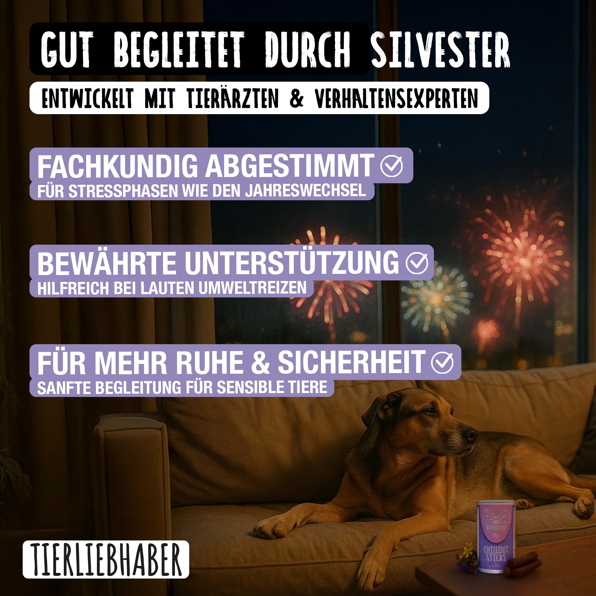 TIERLIEBHABER - Chillout Sticks 350 g (14 Sticks) Natürliche Unterstützung & Entspannung für Hunde – Sanfte Beruhigungshilfe bei Stress, Autofahrt & Silvester – Hundeleckerli & Anti-Stress Snacks