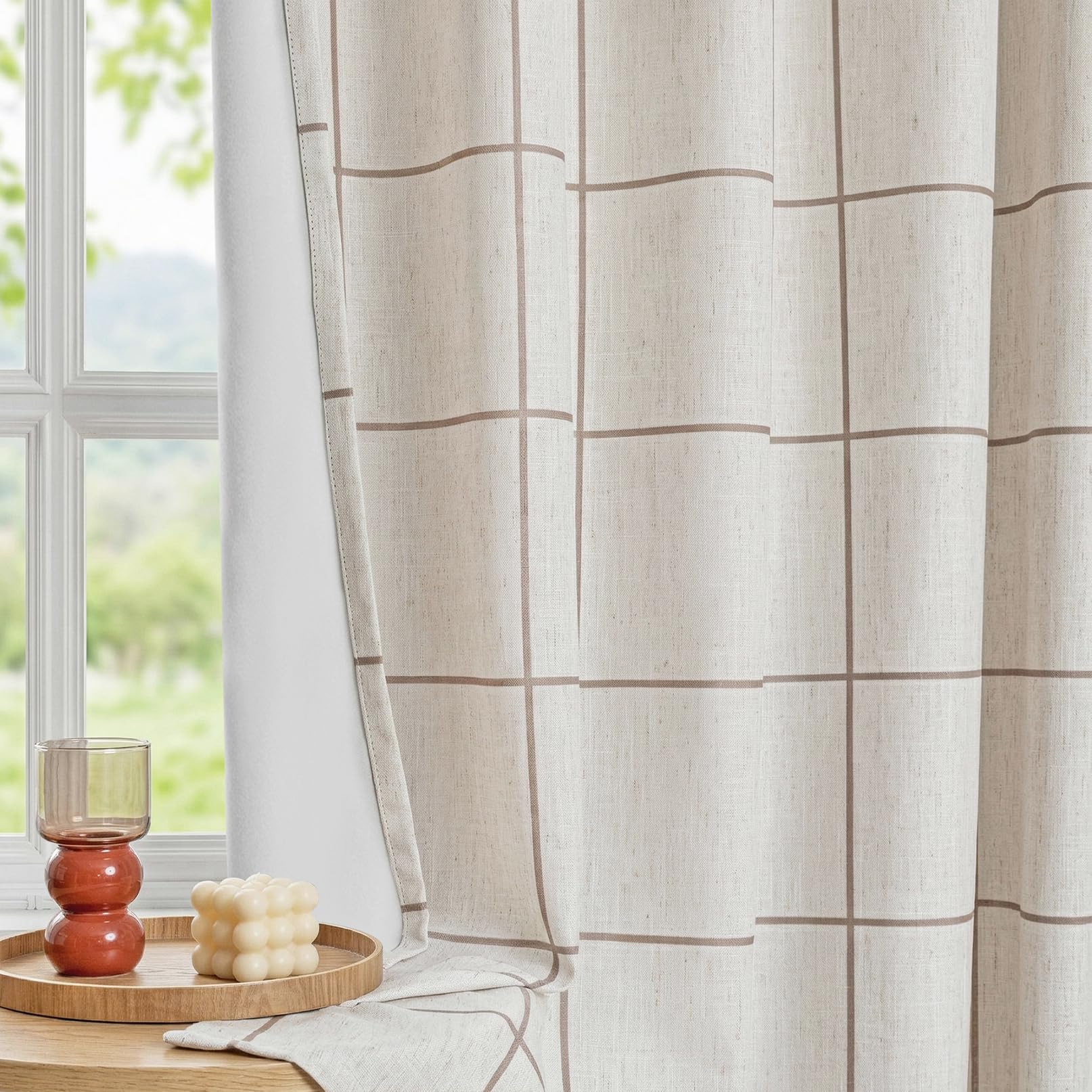 MYSKY HOME 100% Blackout Brown Plaid Linen Curtains 90 Inches Long 2 Panels Set Double Layer Farmhouse Thermal Insulated Black Out Checkered Print Drapes for Living Room, 2 Panels, 52" W Each Panel