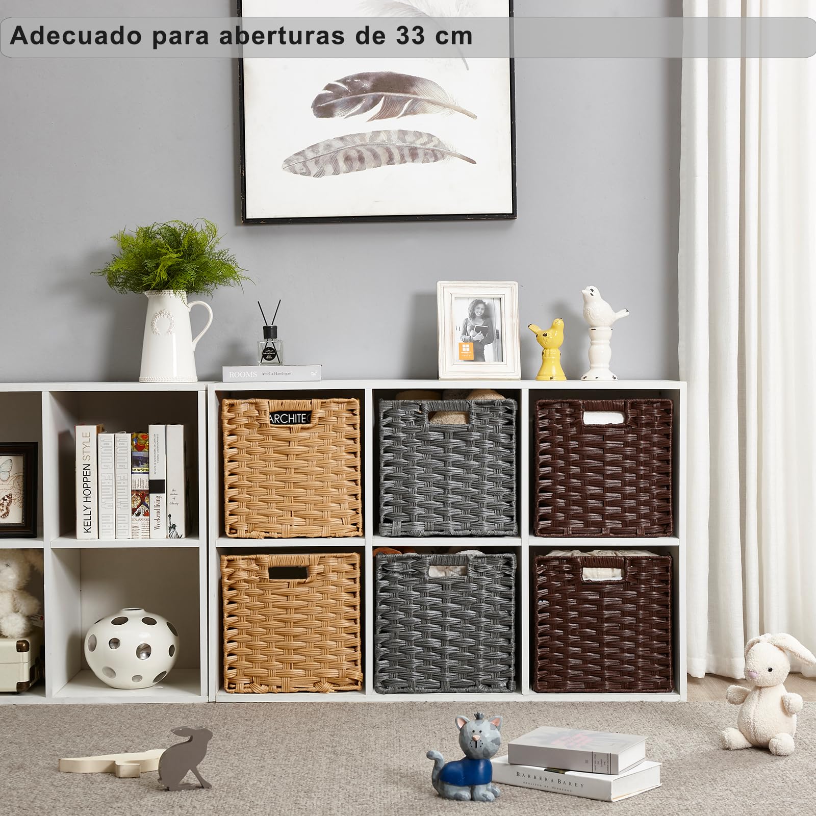 Mangata Cubos de almacenamiento de 31 x 31 cm, cestas de almacenamiento de ratán sintético, organizador decorativo para armario, impermeable, no mohoso (Gris, paquete de 4)