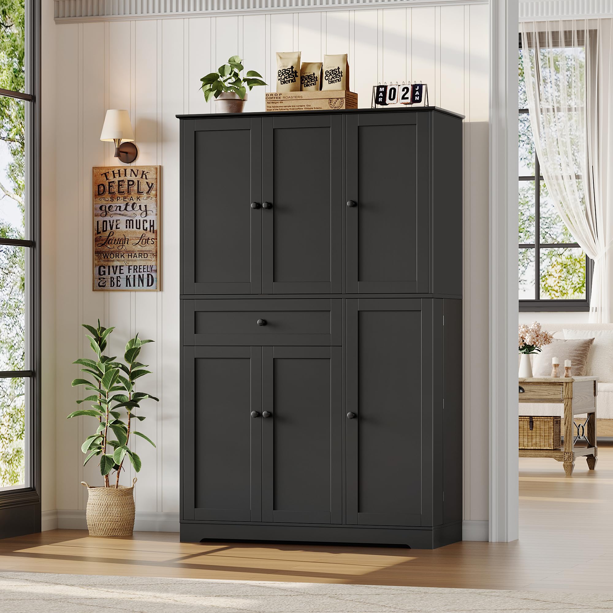 68" tall kitchen pantry storage cabinet, modern kitchen hutch cabinet with doors and shelves, freestanding food pantry with large storage drawer for dining room, living room, black