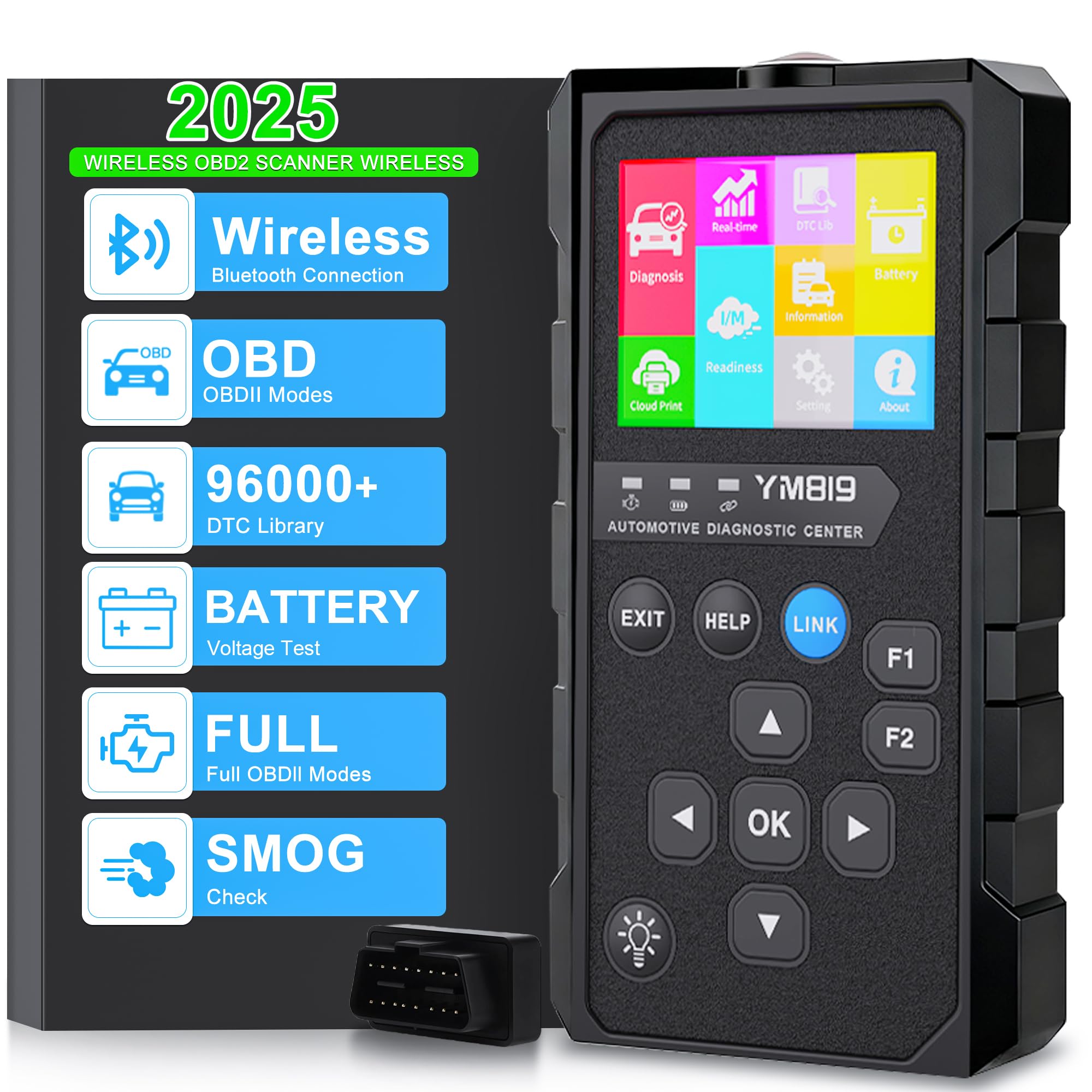 OBD2 Scanner Bluetooth Codeleser, Wireless OBDii Auto Diagnosegerät für Check Engine Light, I/M Bereitschaft, Batterie & Leistungstest, Löscht Fehlercodes für alle OBD II Protokoll Fahrzeuge seit 1996