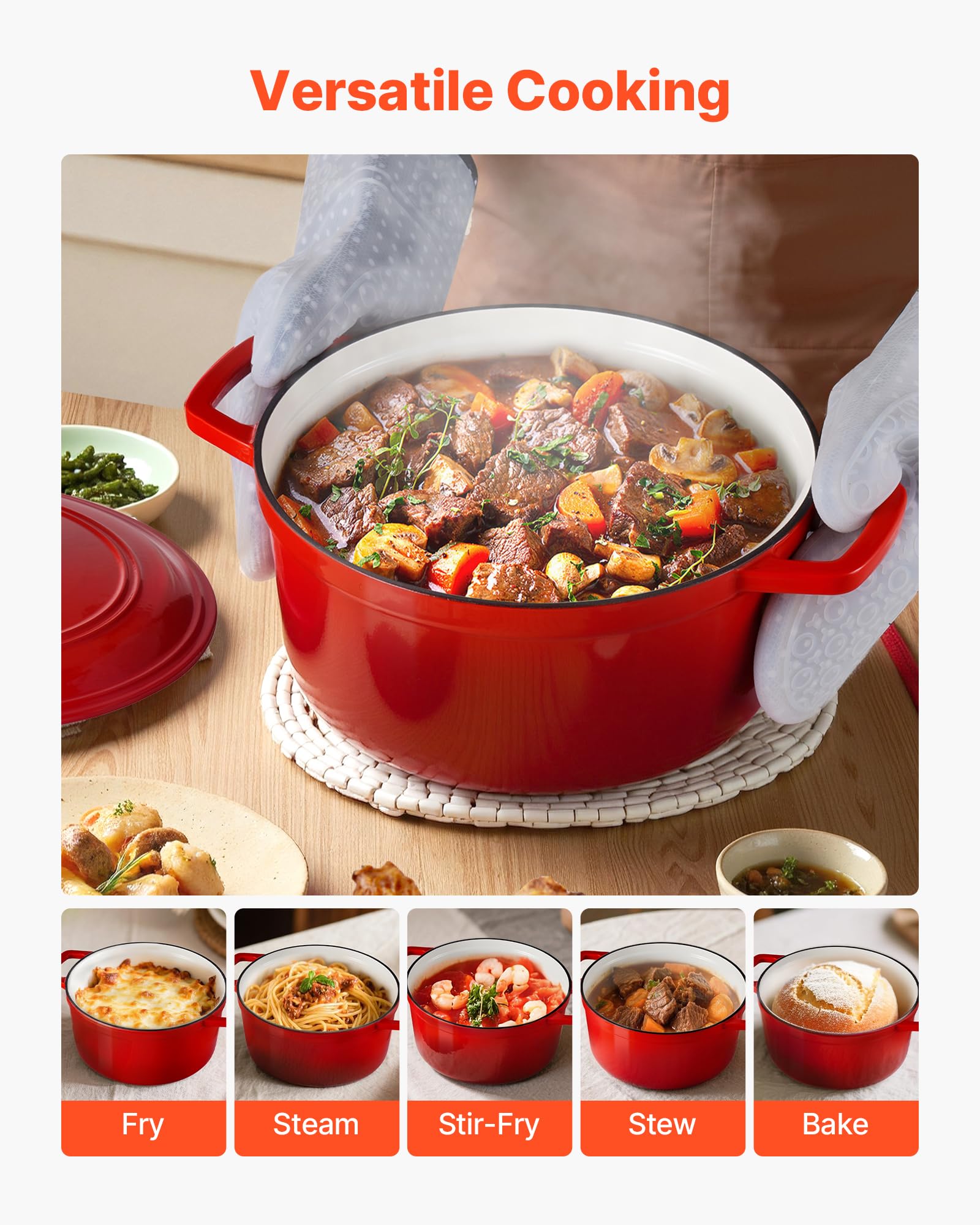 VEVOR Holenderski piec z żeliwa emaliowanego 5,68 l, do pieczenia chleba na zakwasie, z pokrywką i 2 uchwytami, do 260°C, garnek do gotowania i smażenia, 4-6 osób, 350 x 270 x 190 mm, czerwony