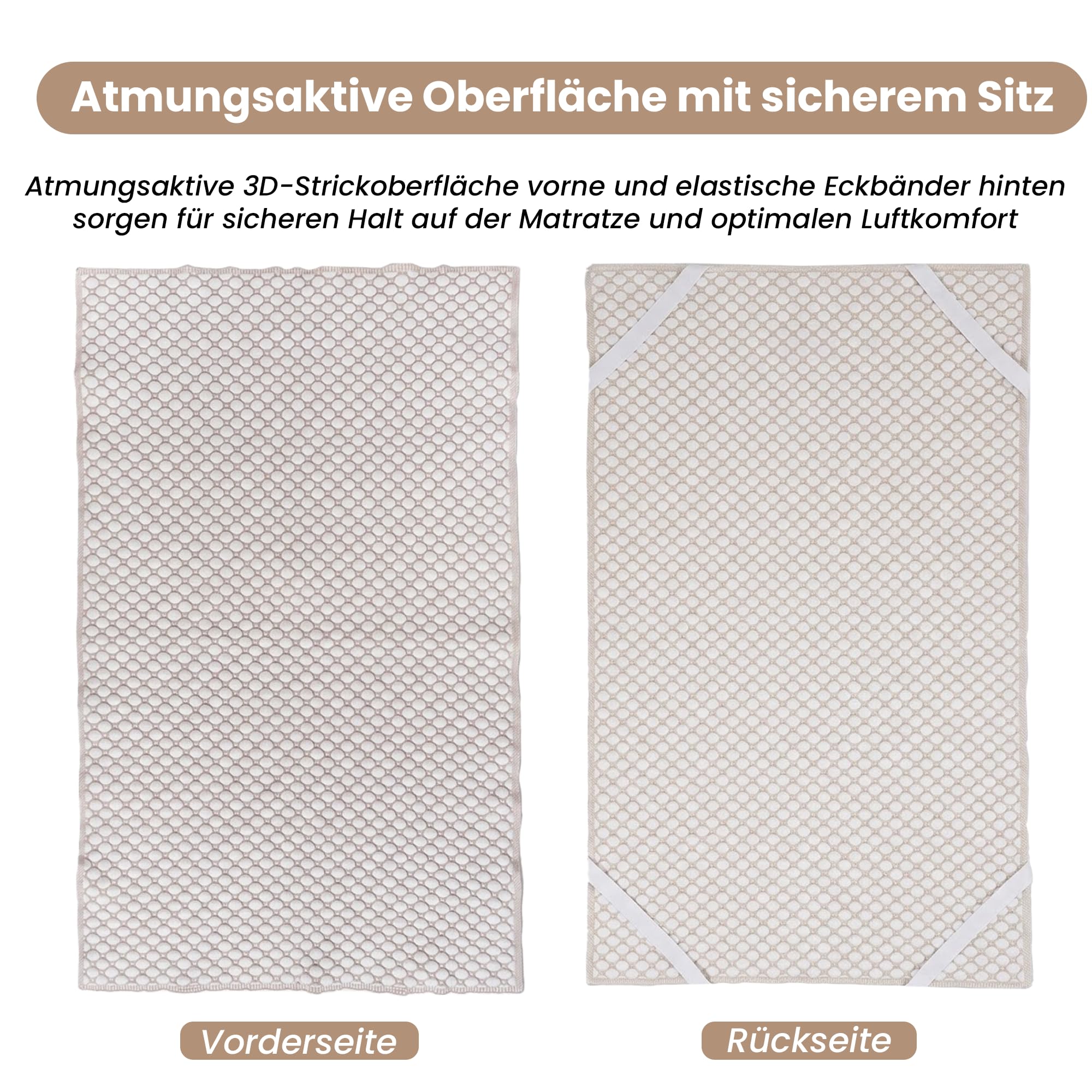Baby Matratzenauflage 70x140 cm – Oeko-TEX Zertifiziert, atmungsaktiv & weich – 3D-Strick mit Gummizug mit 4 Eckgummis, Weiss/Beige