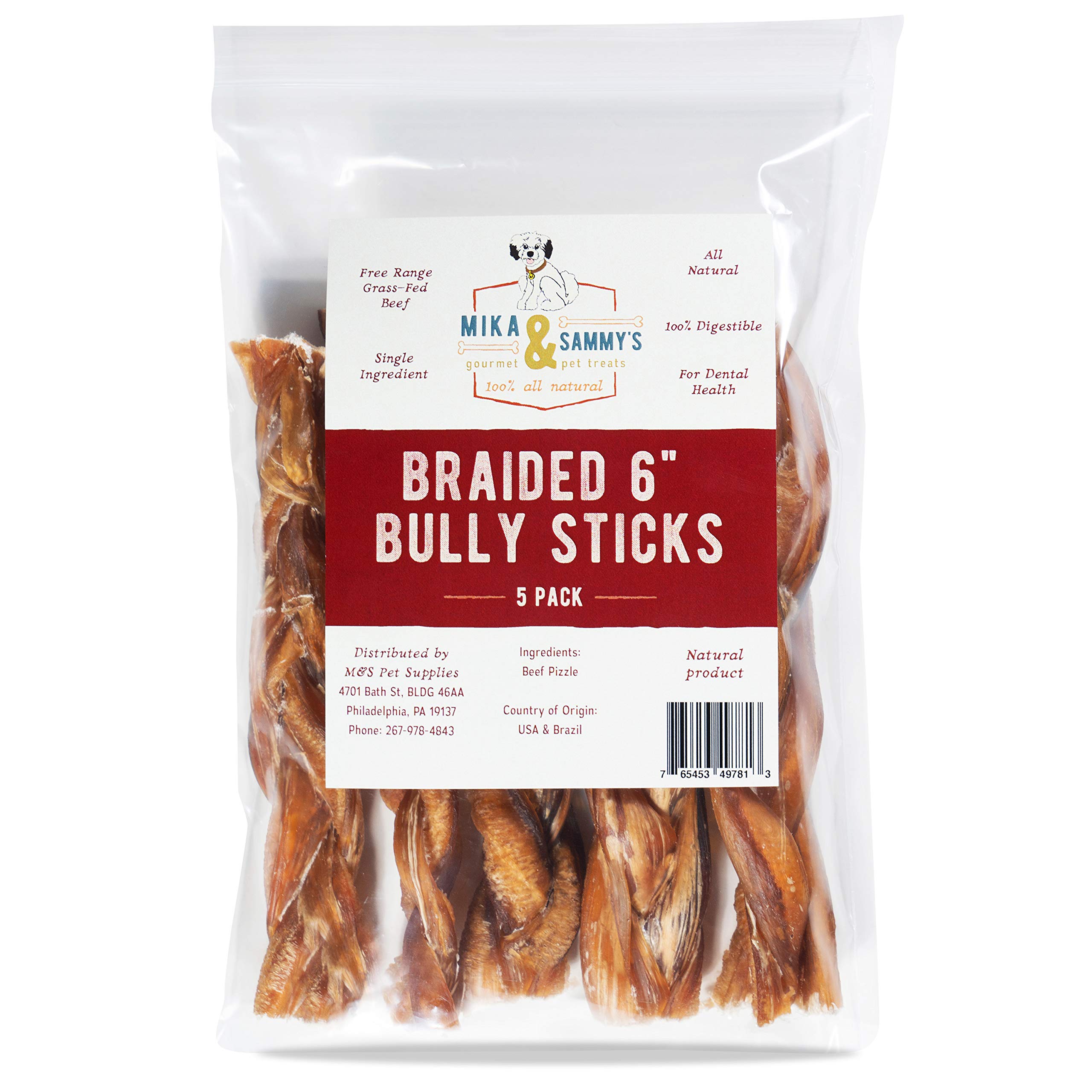 6" Braided Bully Sticks for Small and medium. 100% All Natural & Fully Digestible Braided Bully Sticks. Made in USA. Mika & Sammys (6 Inch 5 Pack)