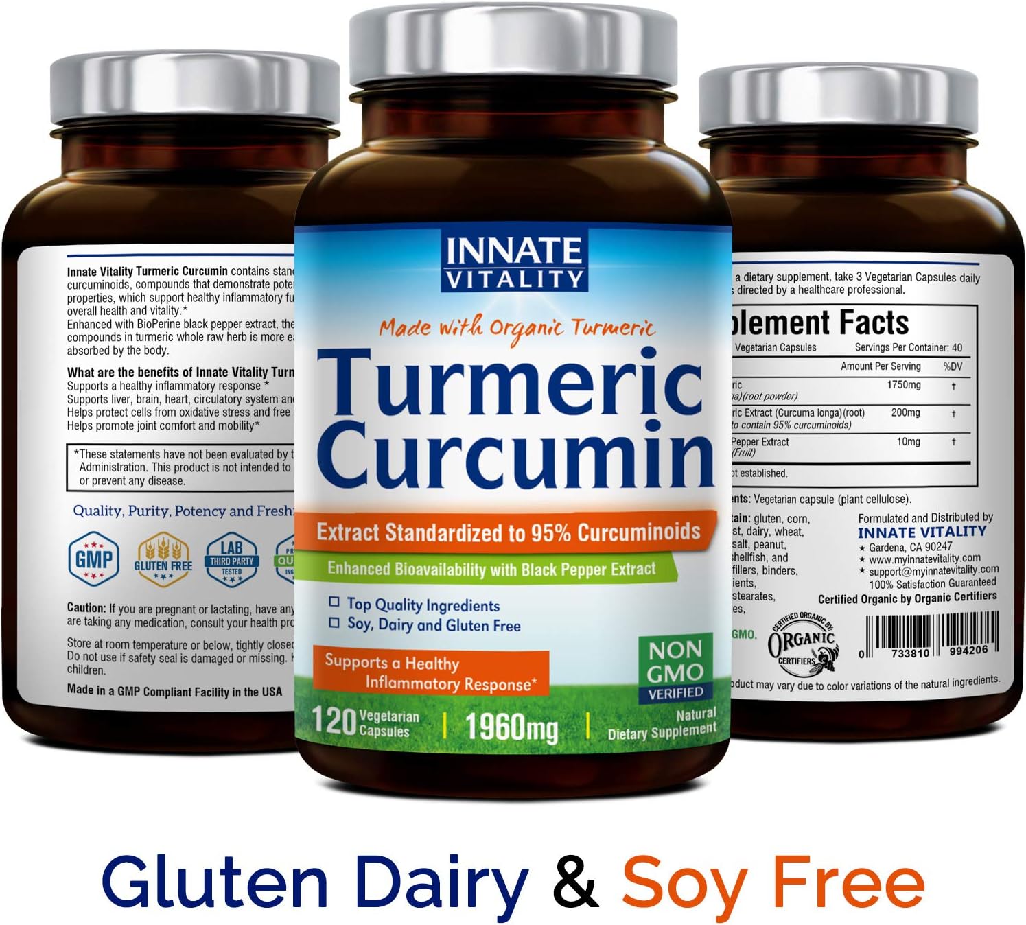Organic Turmeric Curcumin with BioPerine, 95% Standardized Curcuminoids, 1960mg per Serving, 120 Veggie Caps, Non-GMO, NO Gluten NO Dairy NO Soy, Anti-Inflammatory, Pain Relief & Joint Support : Health & Household