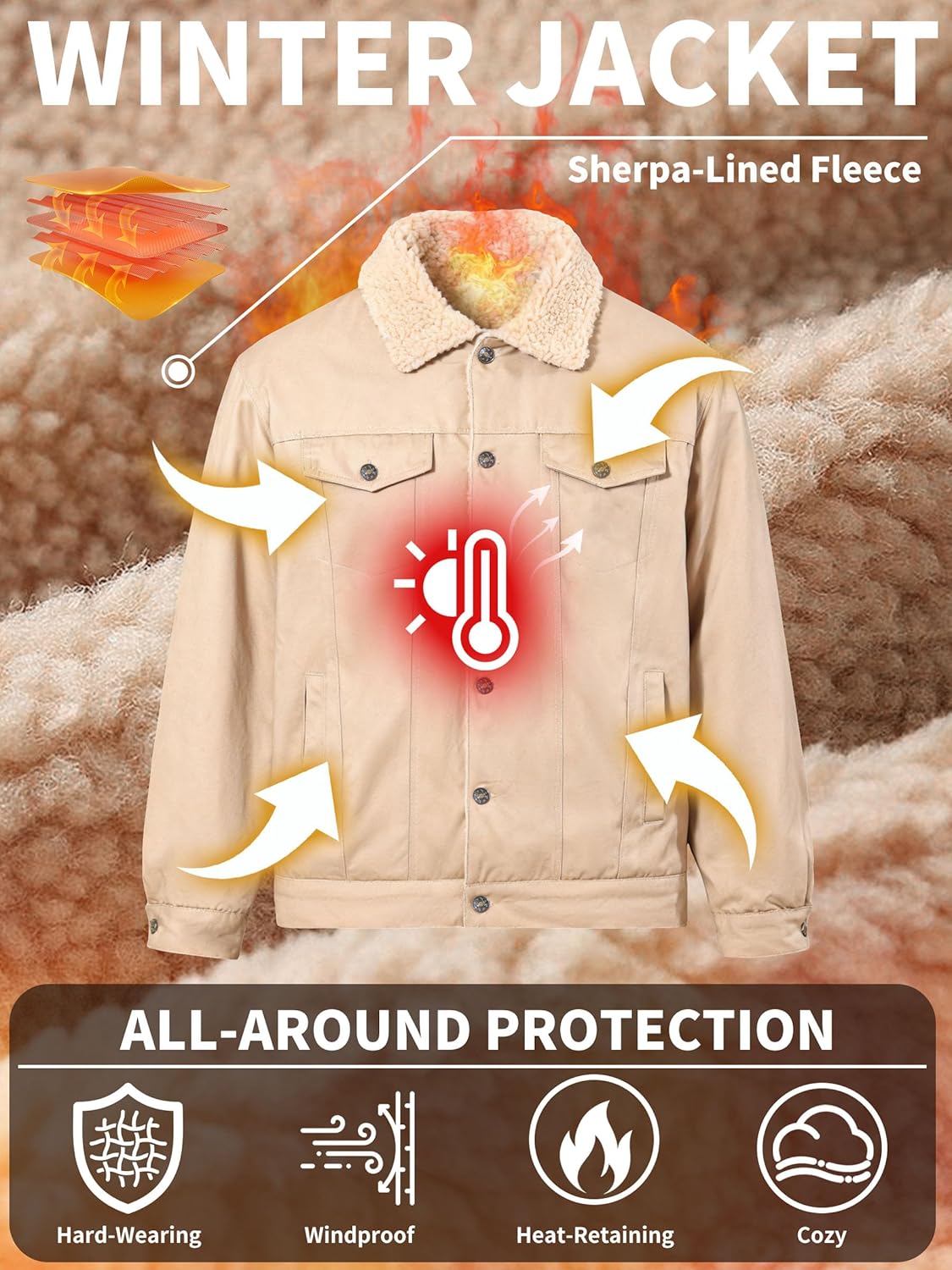 Men's Sherpa Jacket Fleece Lined Cotton Winter Cargo Coat Thick Thermal Warm Trucker Jacket with Multi Pockets - Image 4