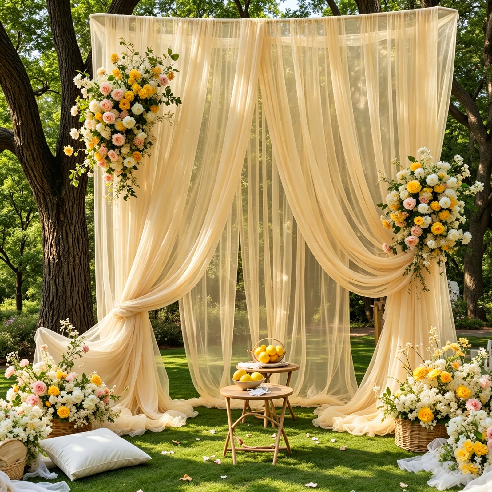 Rideaux de fond en tulle champagne avec guirlandes lumineuses pour fêtes – Rideaux transparents de 50,8 x 2,4 m avec lumières pour mariage, fête prénatale, fête d'anniversaire, décoration de