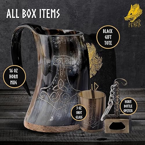 Miniatura 13 de FENRIR Juego de tazas de cuerno vikingo de 16 onzas – Regalos para hombres, papá, esposo – Regalo único vikingo – Taza de cuerno de buey real hecha