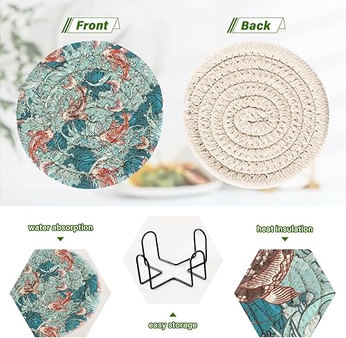 Miniatura 4 de innewgogo Koi Carps 6 Pcs Absorbent Drink Coasters for Tabletop Protection Handmade Round Woven Coaster with Holder & Heat Water Resistant Bulk Cup