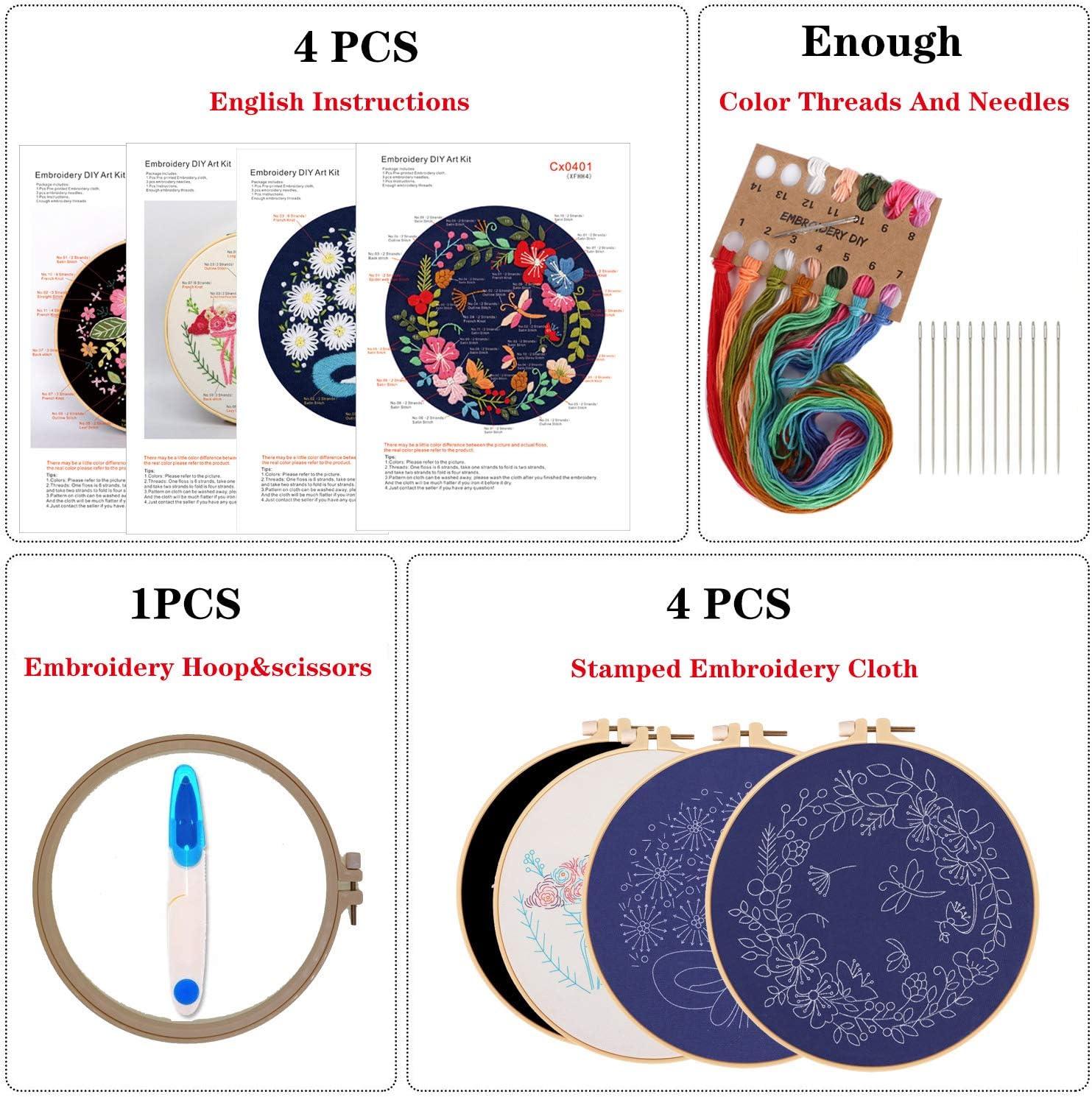 4Pack Embroidery Starter Kit with Pattern and Instructions, DIY Beginner Starter Stitch Kit Include 1Embroidery Hoop,4 Embroidery Clothes with Plants Flowers Pattern,Color Threads (Embroidery Kit-X)