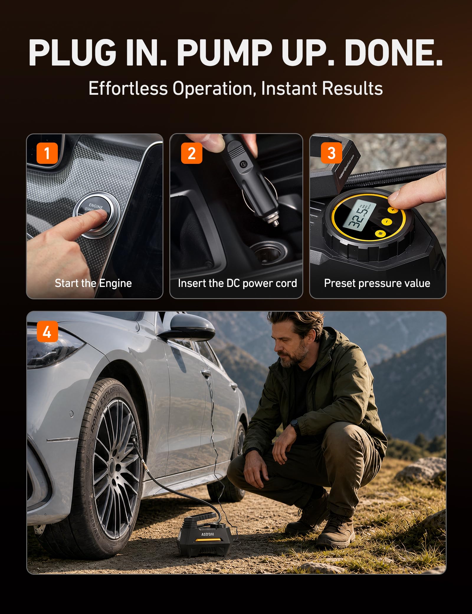 AstroAI AIRUN H Tire Inflator Portable Air Compressor, 12V DC Tire Inflator, Auto Shut-Off with Digital Pressure Gauge & LED Light view 8