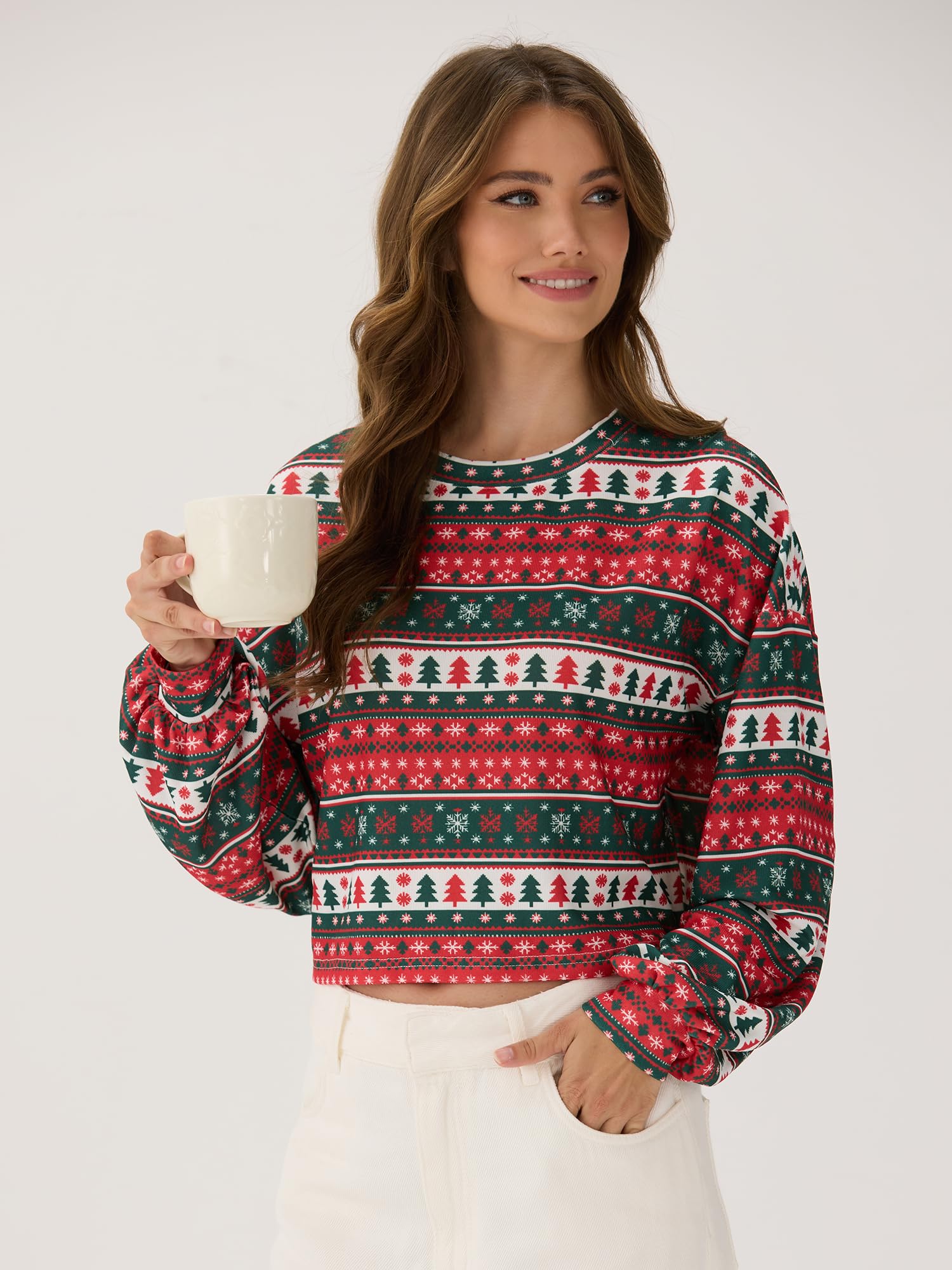 ZAFUL Women's Tribal Ethnic Graphic Cropped Knitwear Bohemian Long Sleeve Pullover Sweater Boho Drop Shoulder Knitted Top